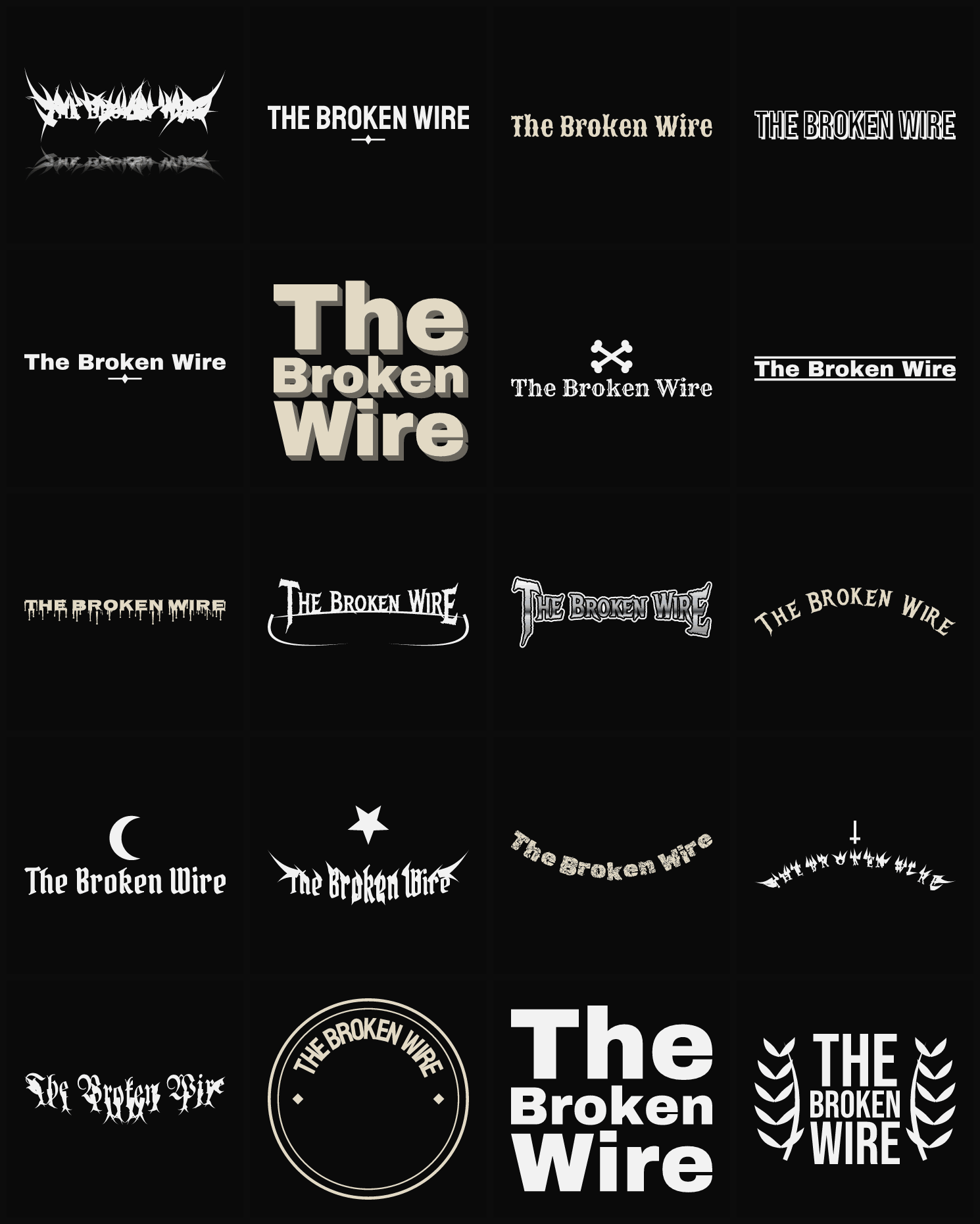 Twenty The Broken Wire band logo ideas — different faces, treatments and spike settings
