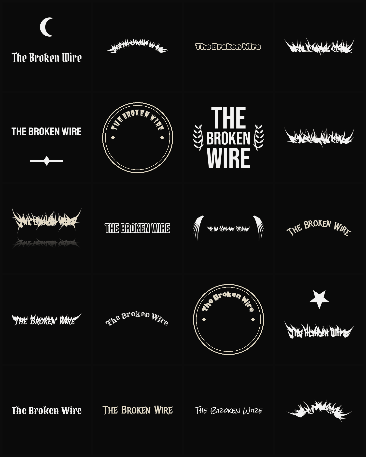 Twenty The Broken Wire band logo ideas — different faces, treatments and spike settings