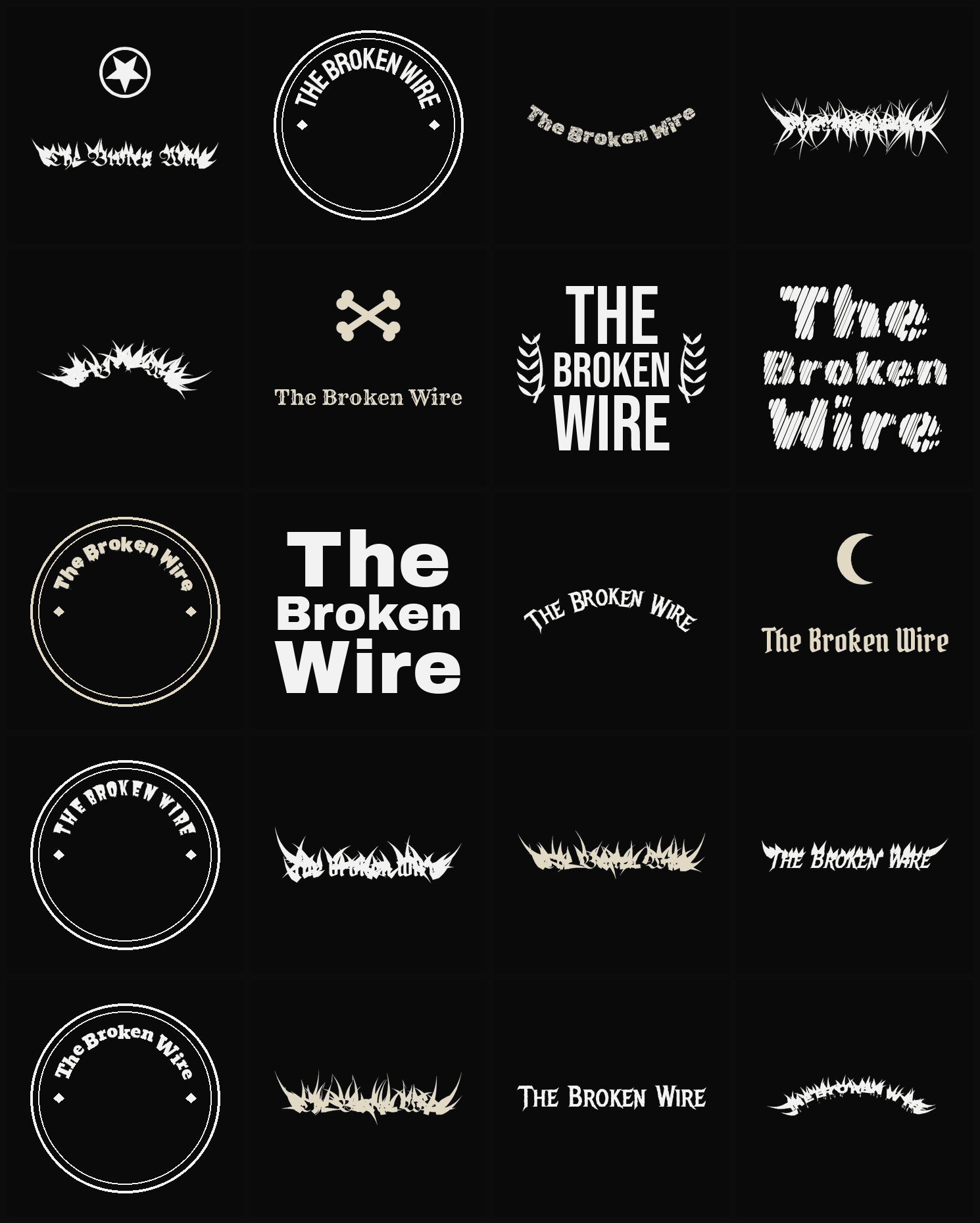 Twenty The Broken Wire band logo ideas — different faces, treatments and spike settings