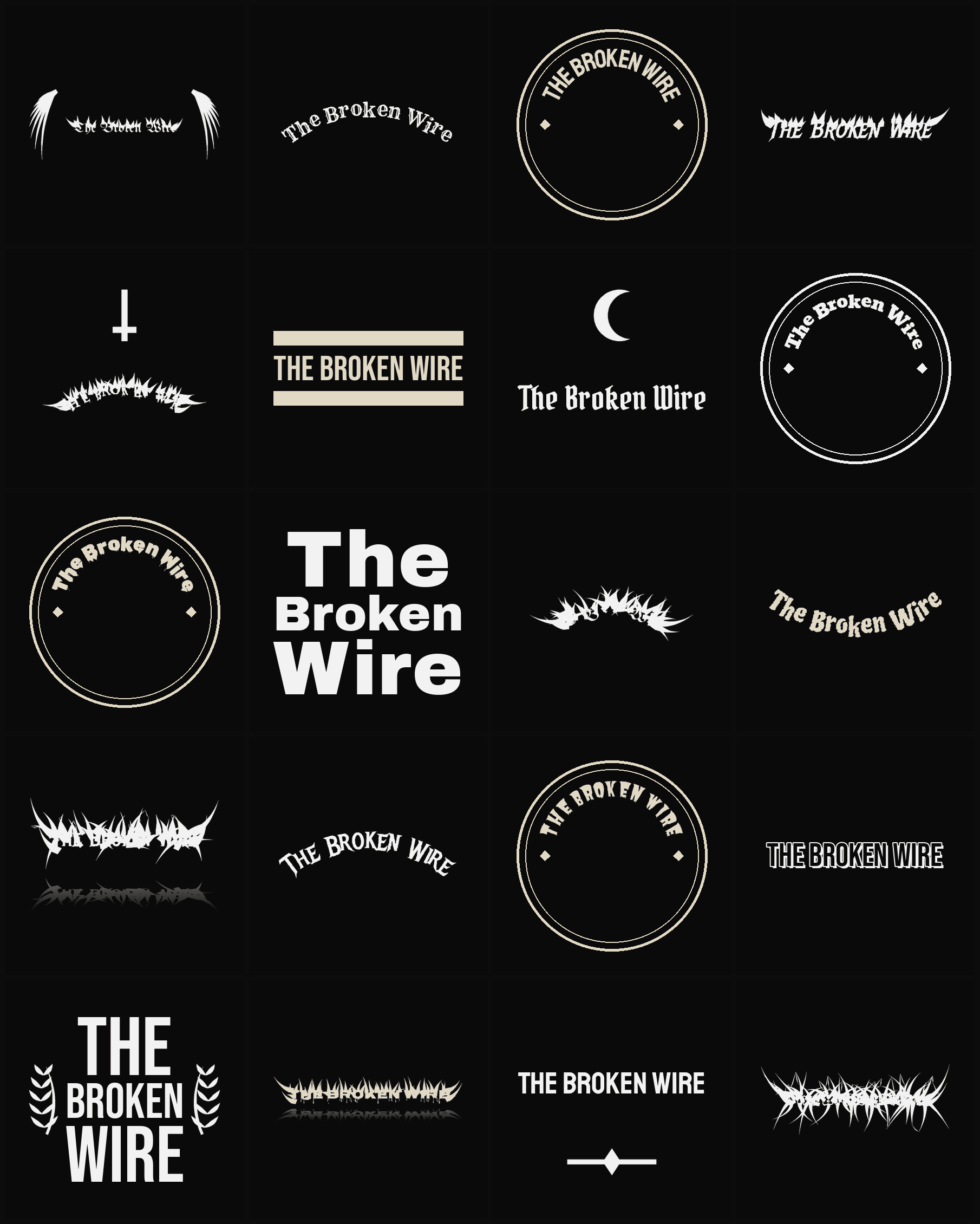 Twenty The Broken Wire band logo ideas — different faces, treatments and spike settings