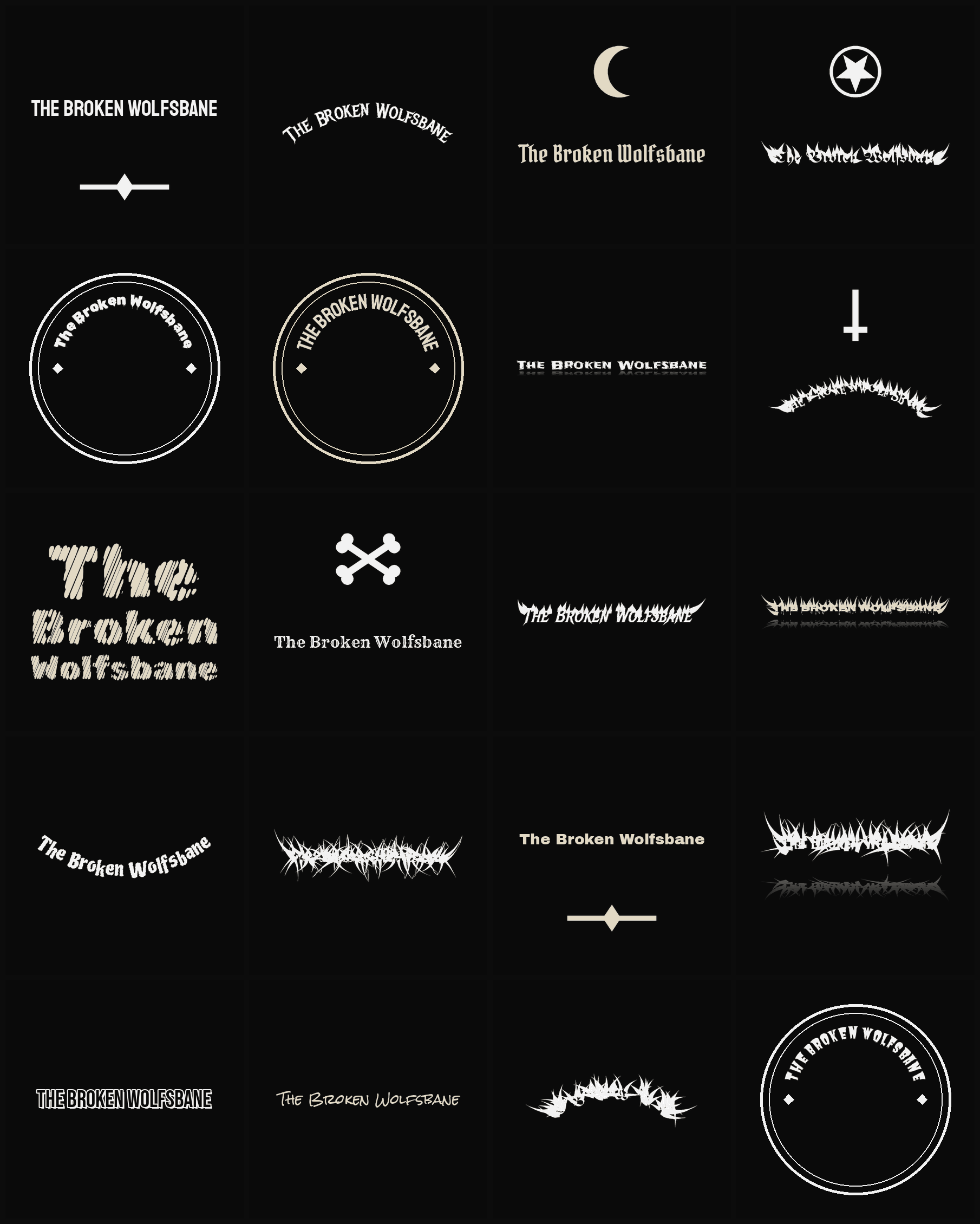 Twenty The Broken Wolfsbane band logo ideas — different faces, treatments and spike settings