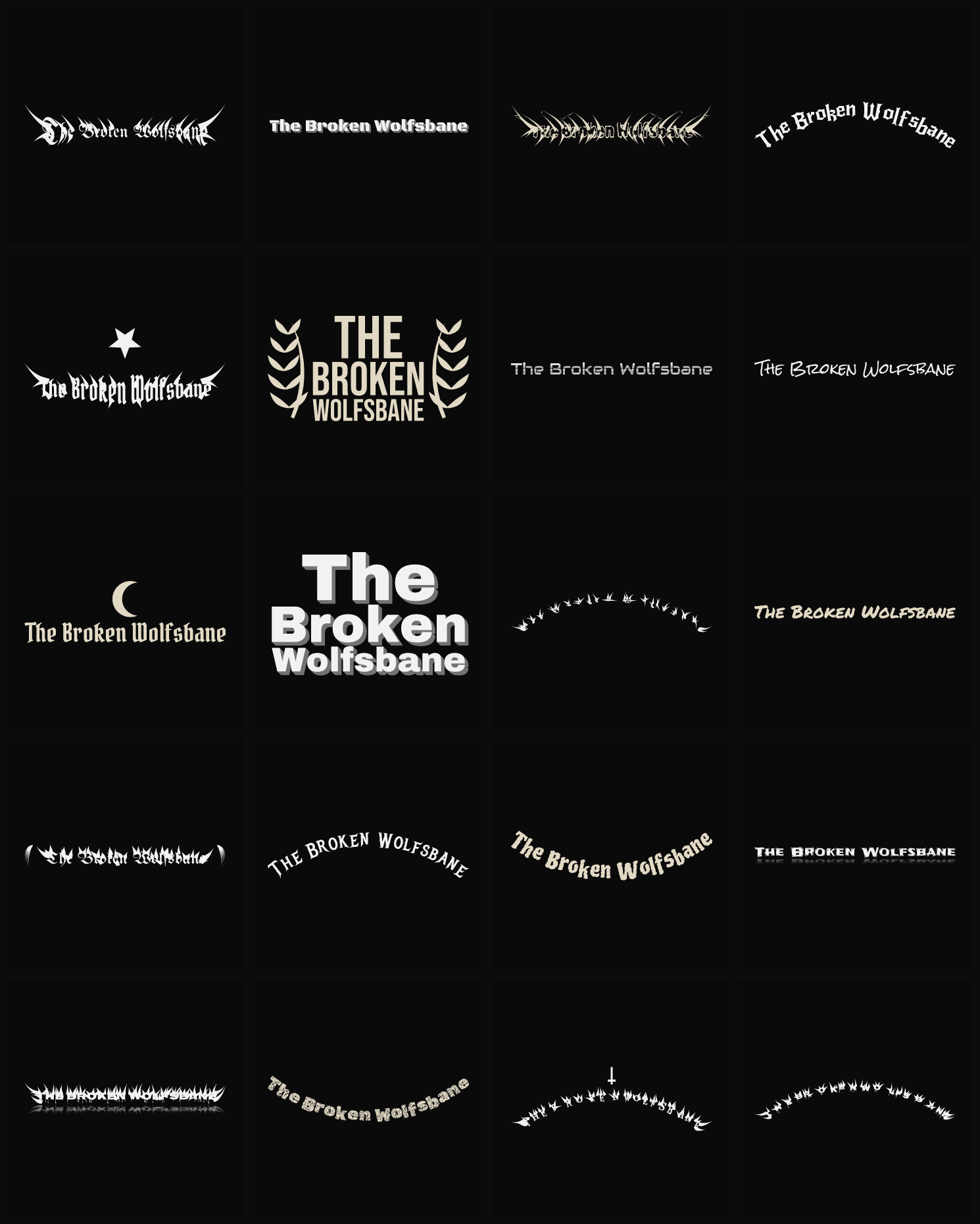 Twenty The Broken Wolfsbane band logo ideas — different faces, treatments and spike settings