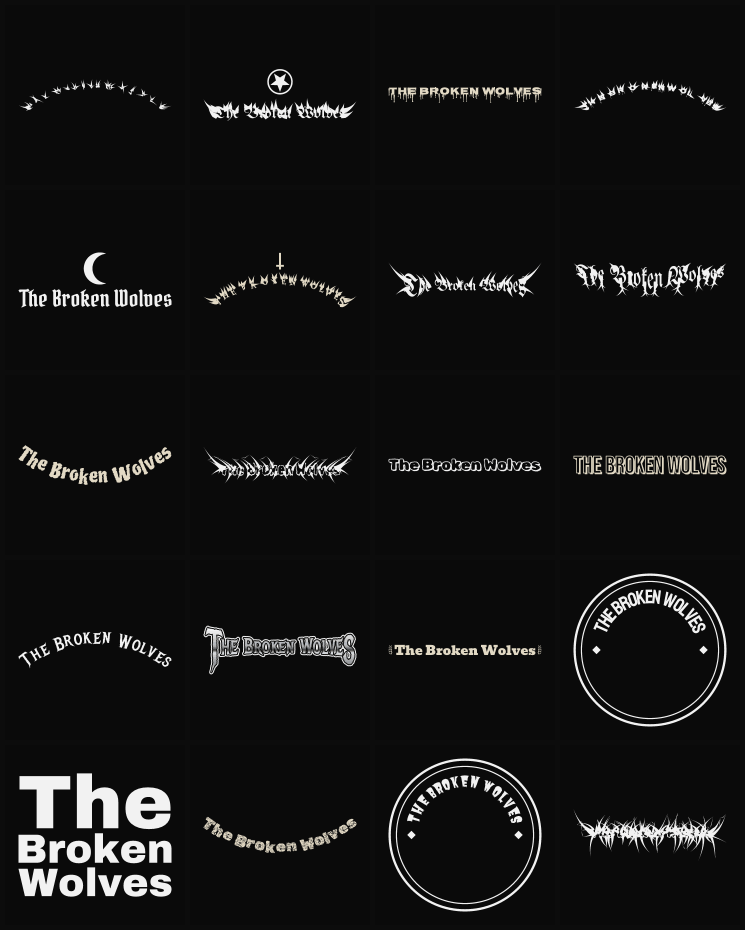 Twenty The Broken Wolves band logo ideas — different faces, treatments and spike settings