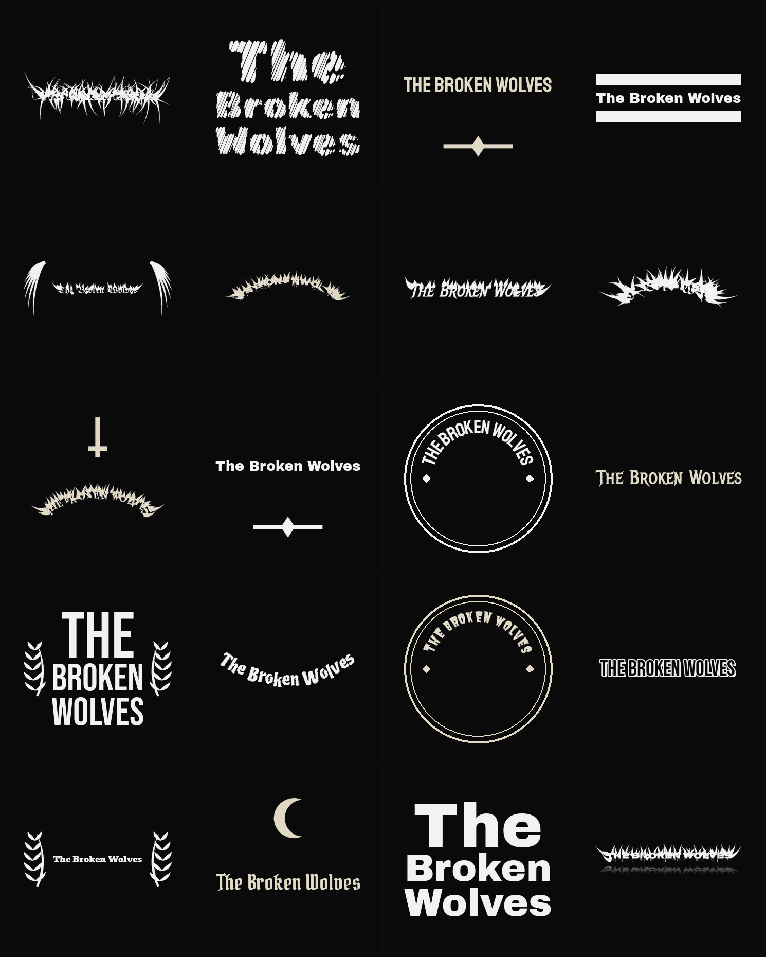 Twenty The Broken Wolves band logo ideas — different faces, treatments and spike settings