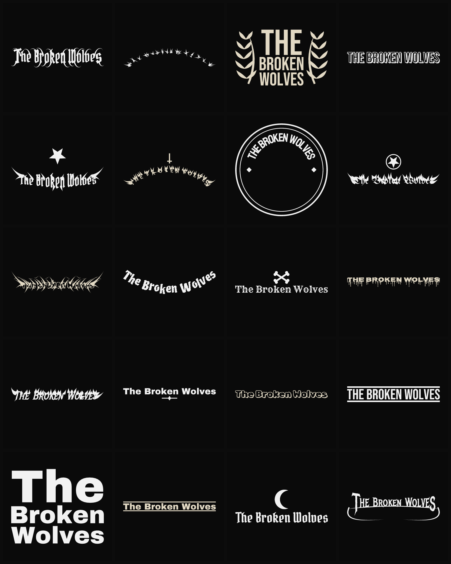 Twenty The Broken Wolves band logo ideas — different faces, treatments and spike settings