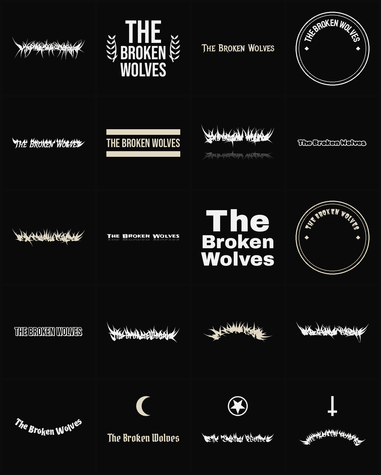 Twenty The Broken Wolves band logo ideas — different faces, treatments and spike settings