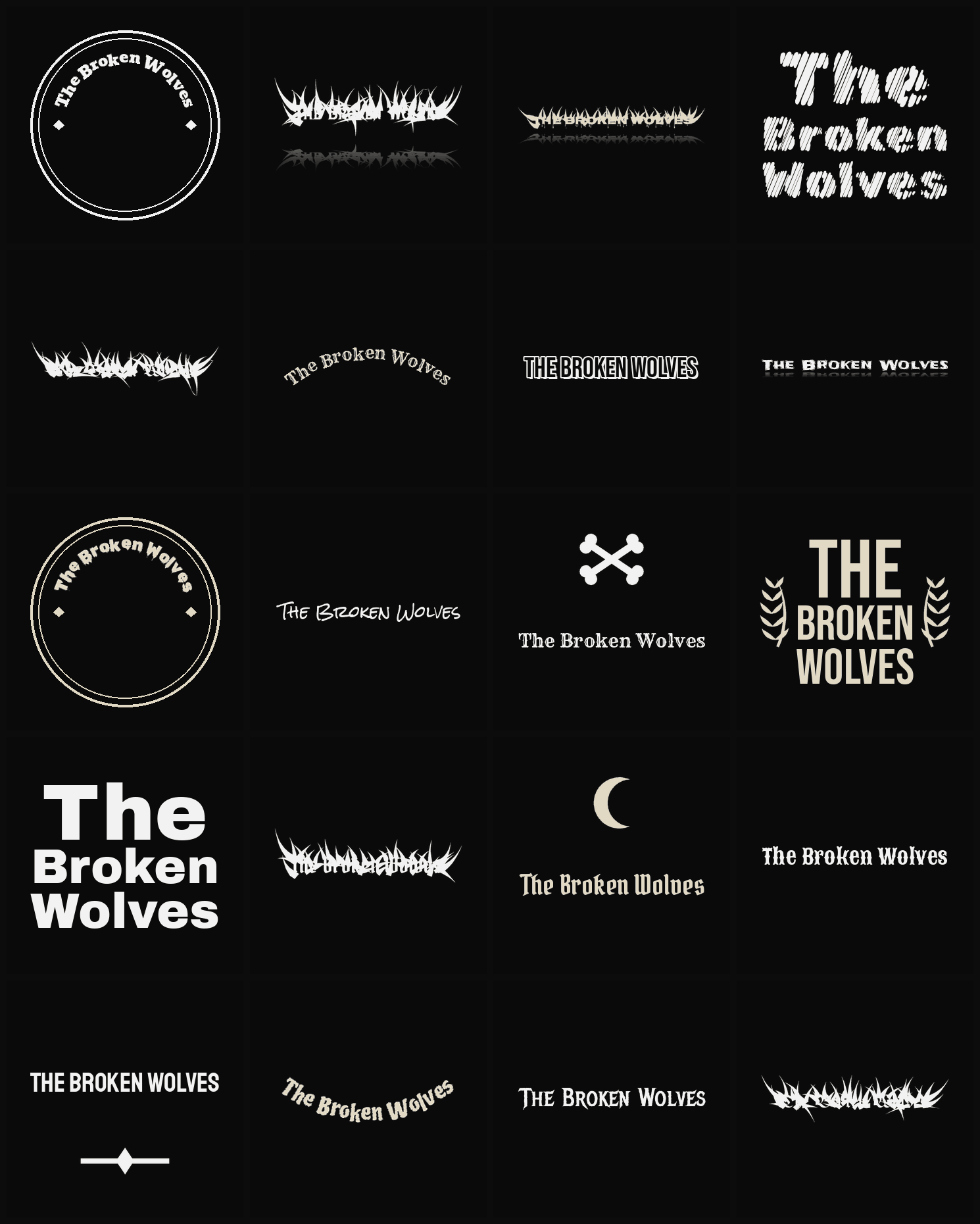Twenty The Broken Wolves band logo ideas — different faces, treatments and spike settings