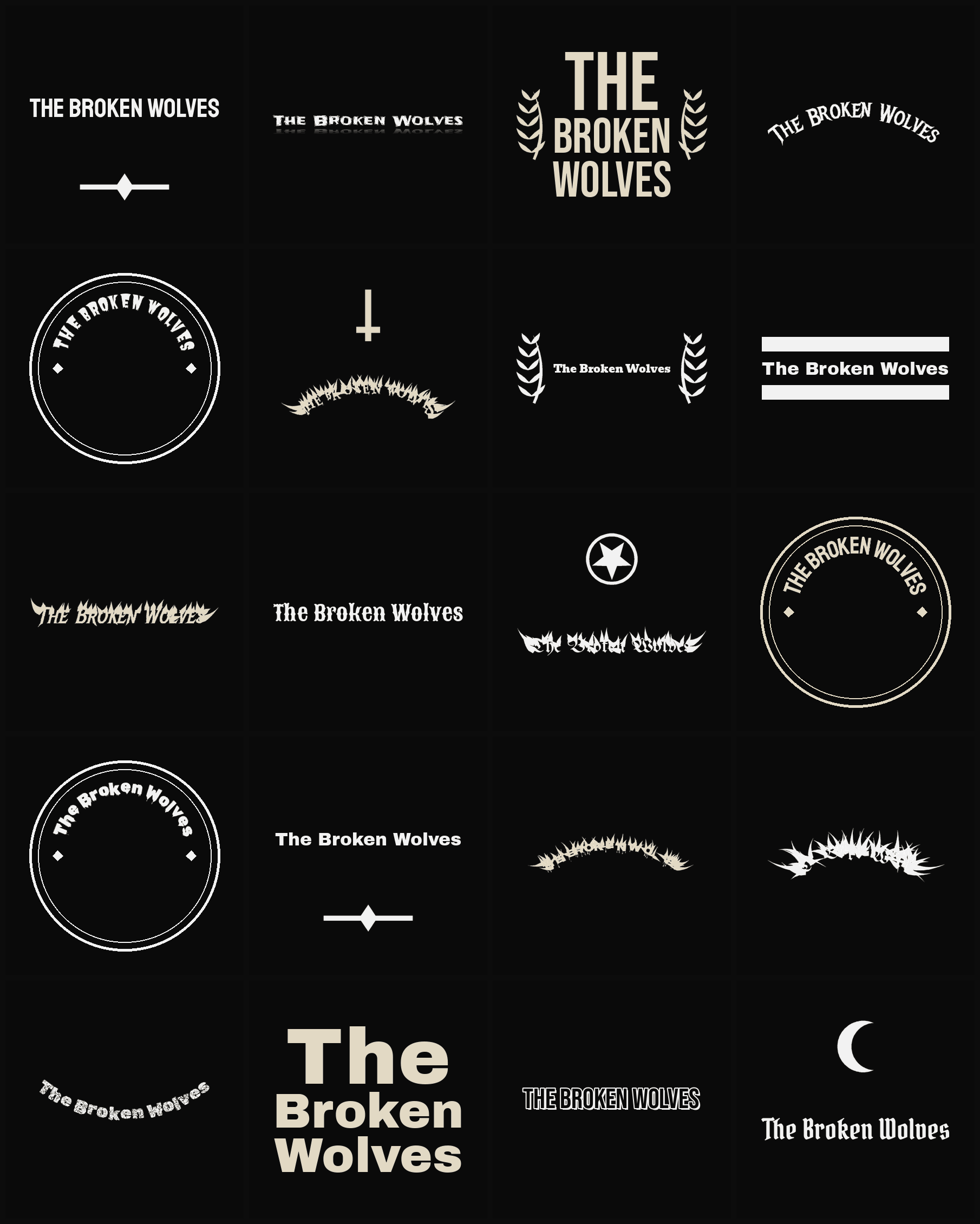 Twenty The Broken Wolves band logo ideas — different faces, treatments and spike settings