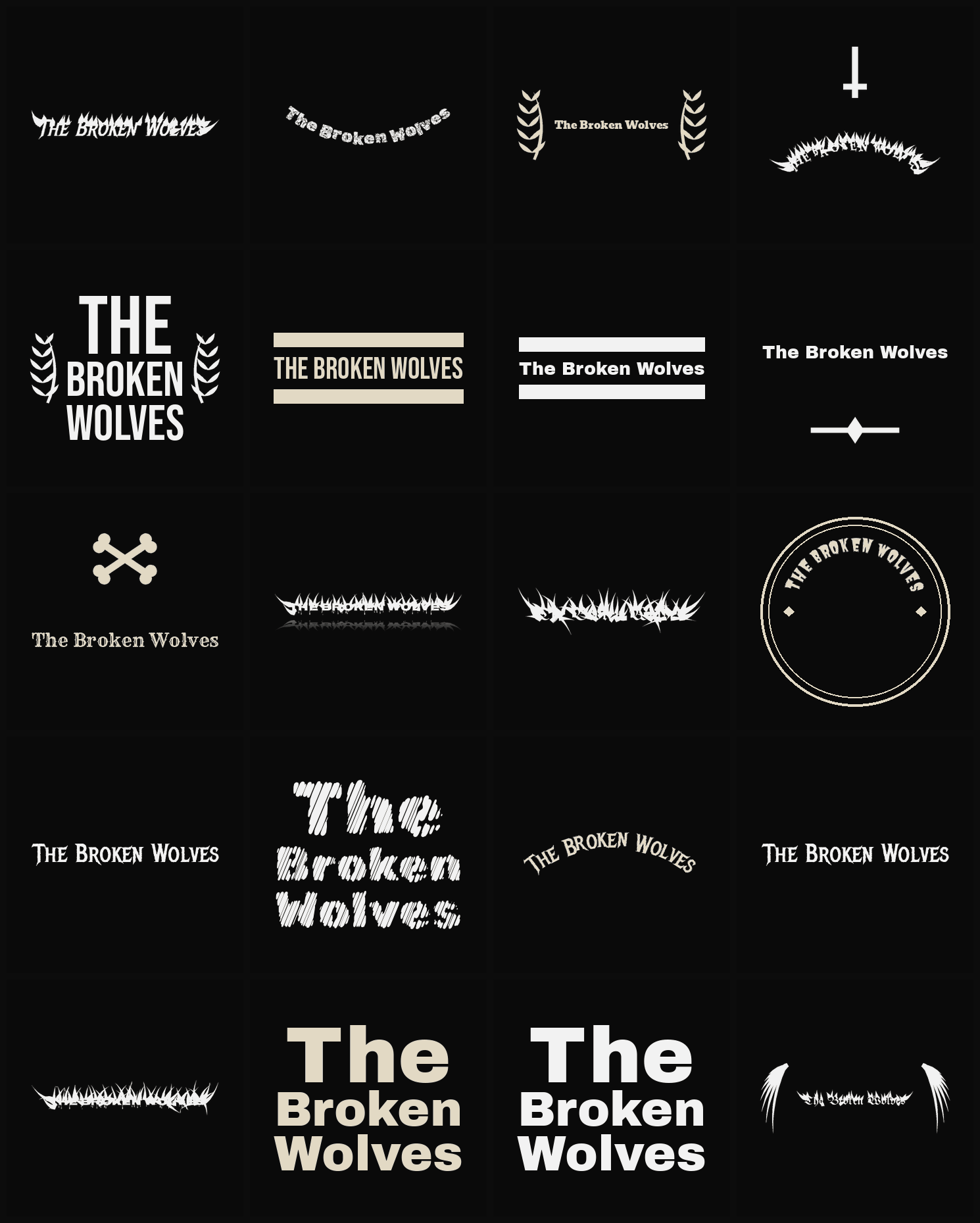 Twenty The Broken Wolves band logo ideas — different faces, treatments and spike settings