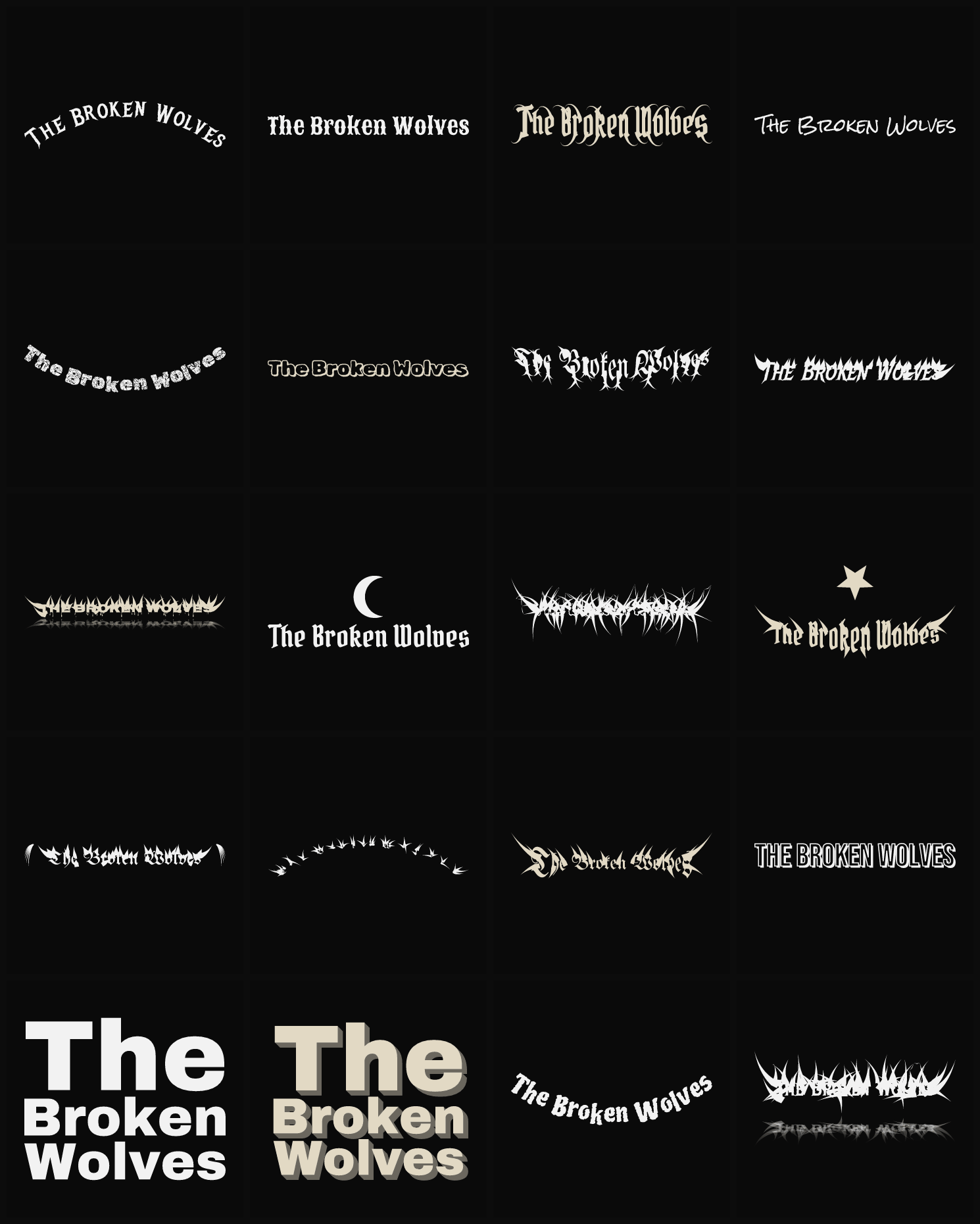 Twenty The Broken Wolves band logo ideas — different faces, treatments and spike settings