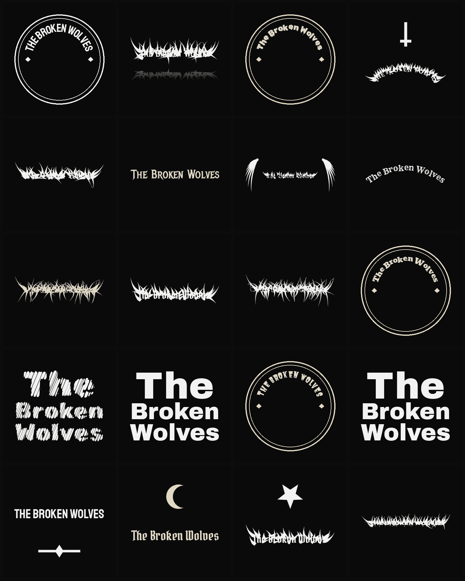 Twenty The Broken Wolves band logo ideas — different faces, treatments and spike settings