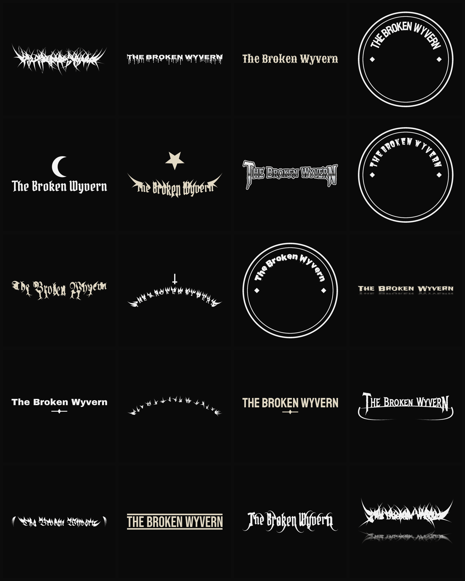 Twenty The Broken Wyvern band logo ideas — different faces, treatments and spike settings