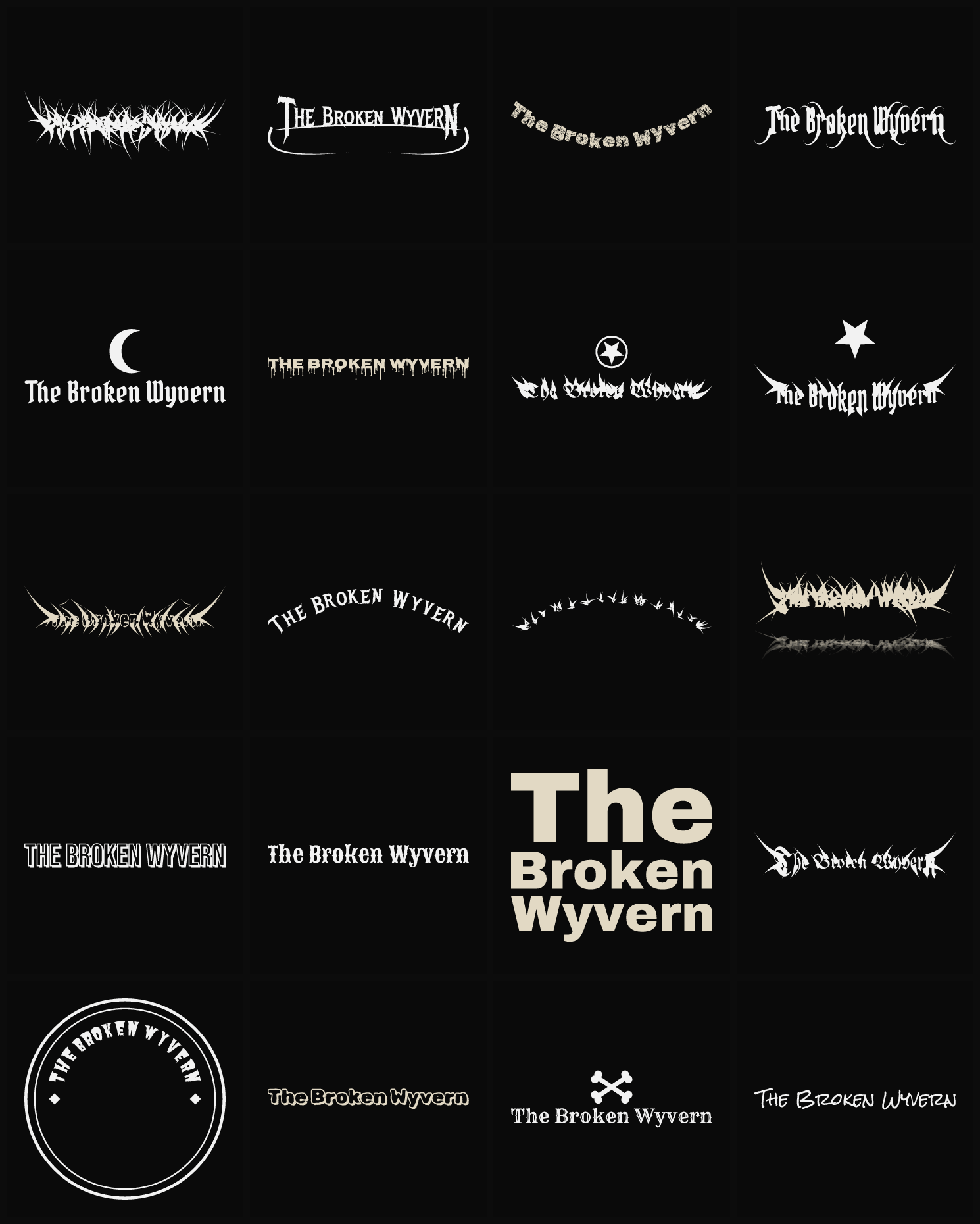 Twenty The Broken Wyvern band logo ideas — different faces, treatments and spike settings