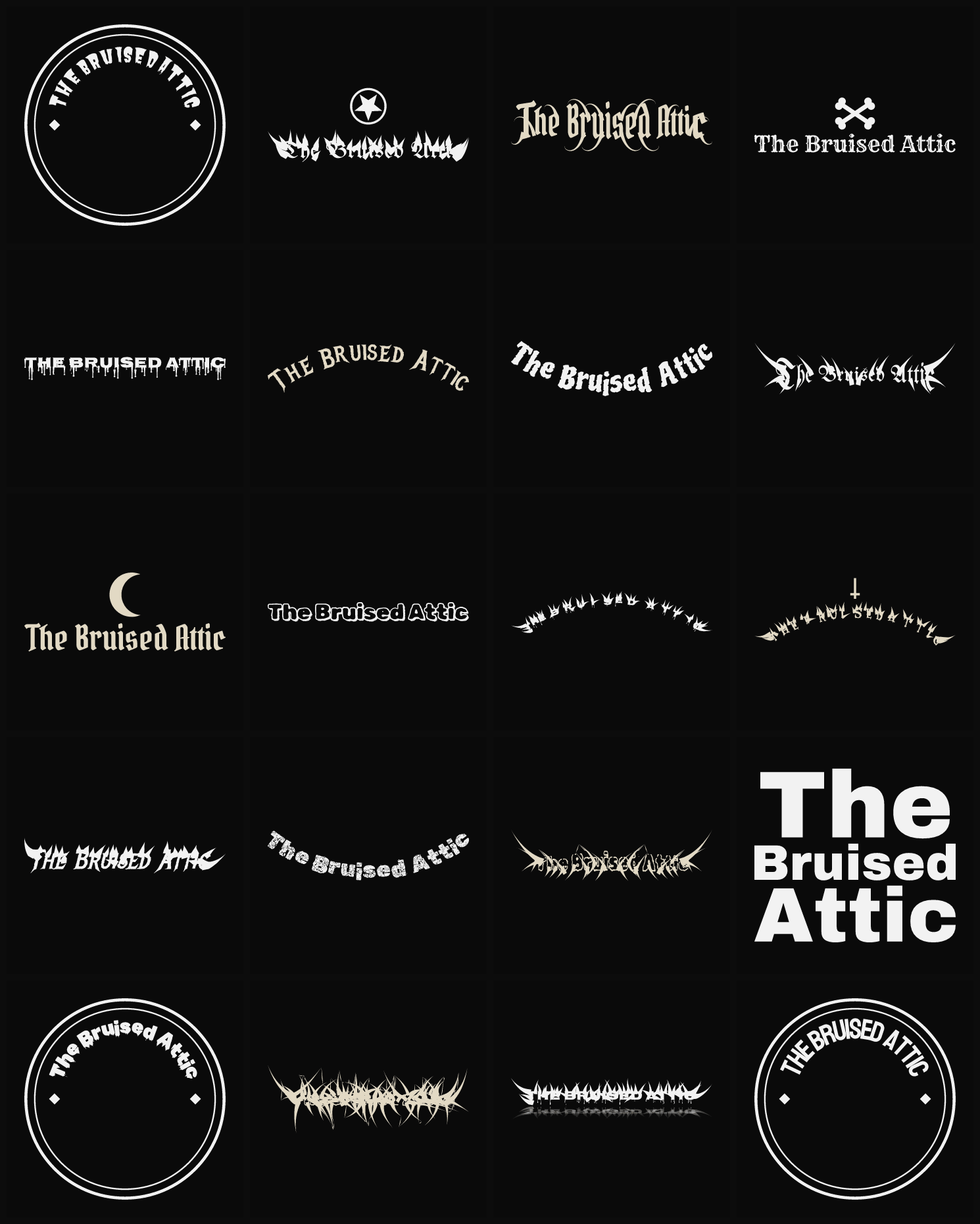 Twenty The Bruised Attic band logo ideas — different faces, treatments and spike settings