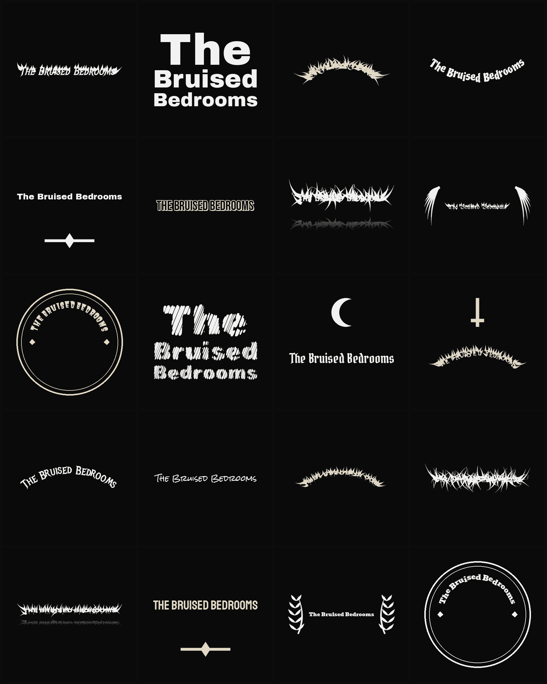 Twenty The Bruised Bedrooms band logo ideas — different faces, treatments and spike settings
