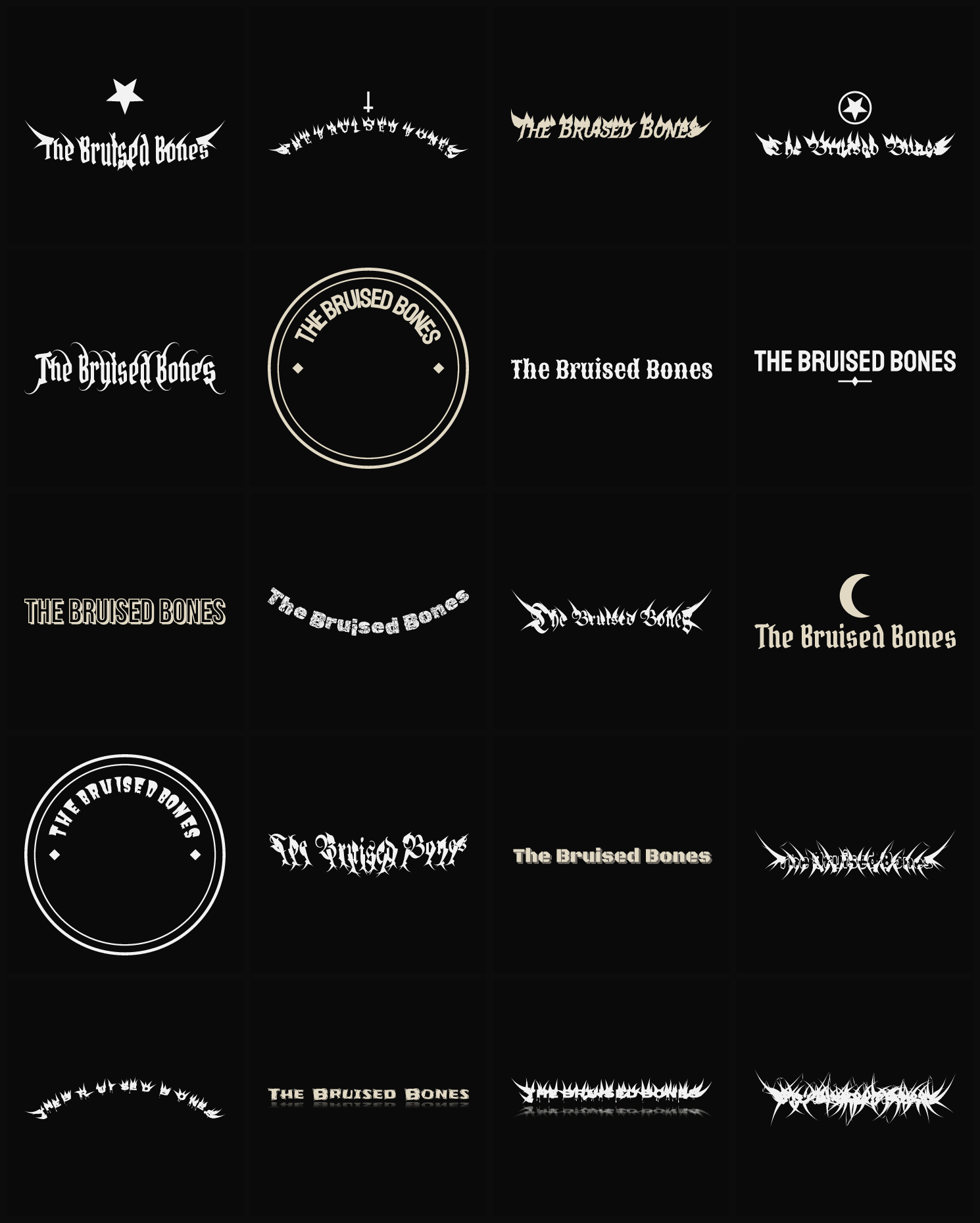 Twenty The Bruised Bones band logo ideas — different faces, treatments and spike settings