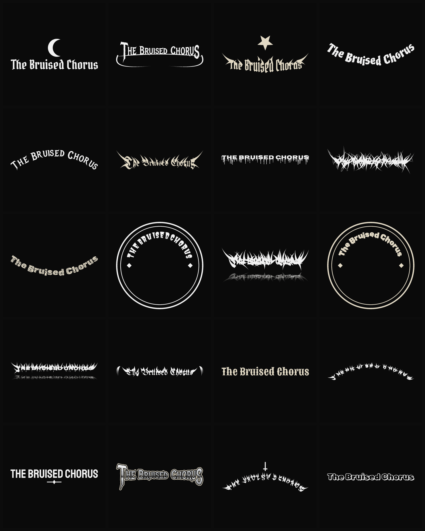 Twenty The Bruised Chorus band logo ideas — different faces, treatments and spike settings
