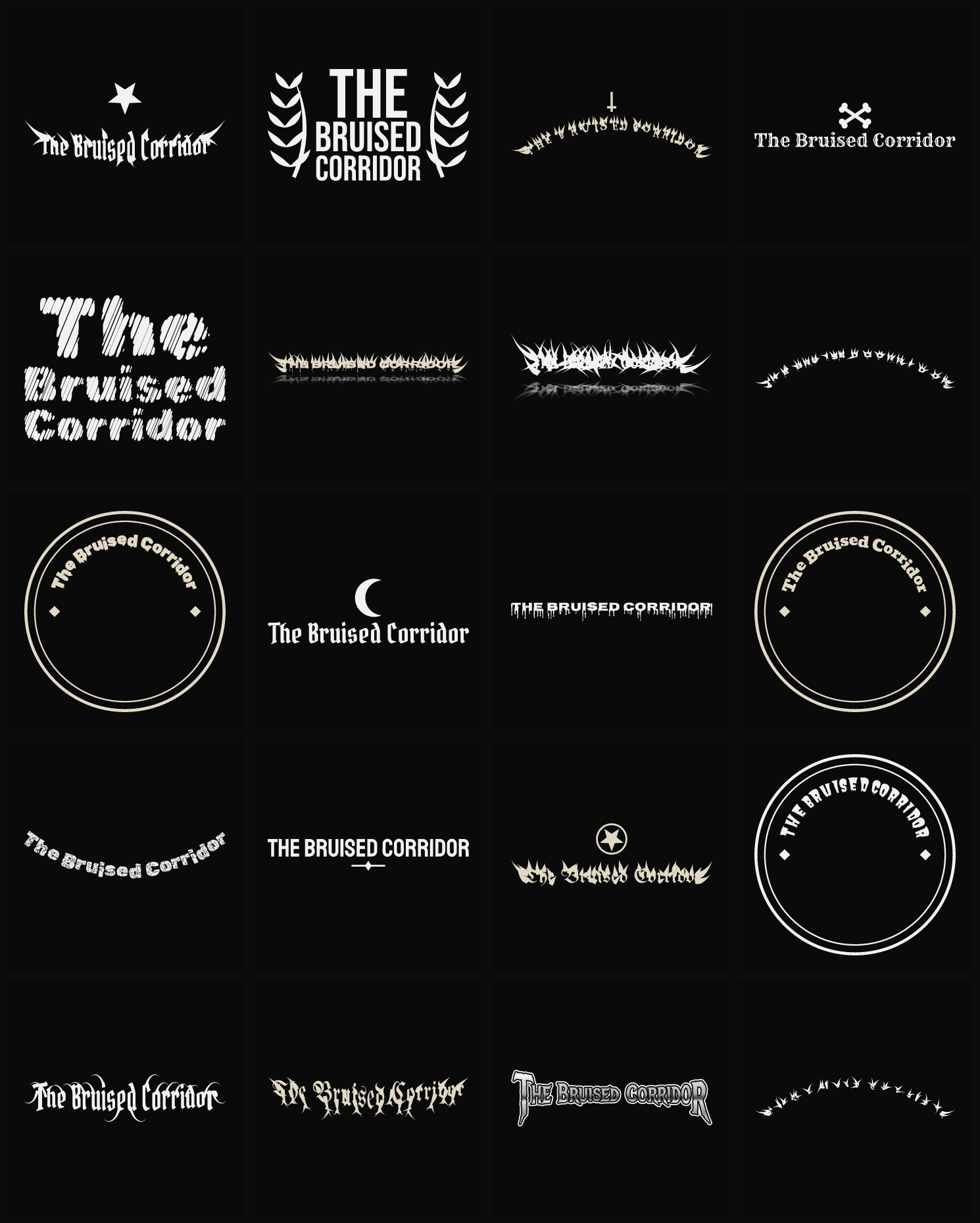 Twenty The Bruised Corridor band logo ideas — different faces, treatments and spike settings