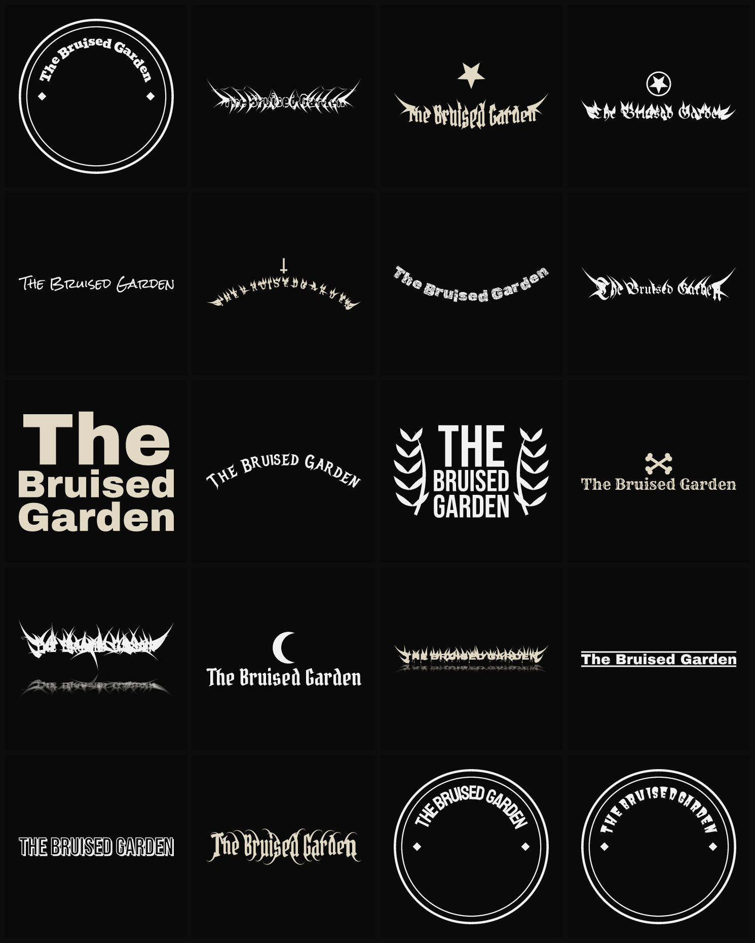 Twenty The Bruised Garden band logo ideas — different faces, treatments and spike settings