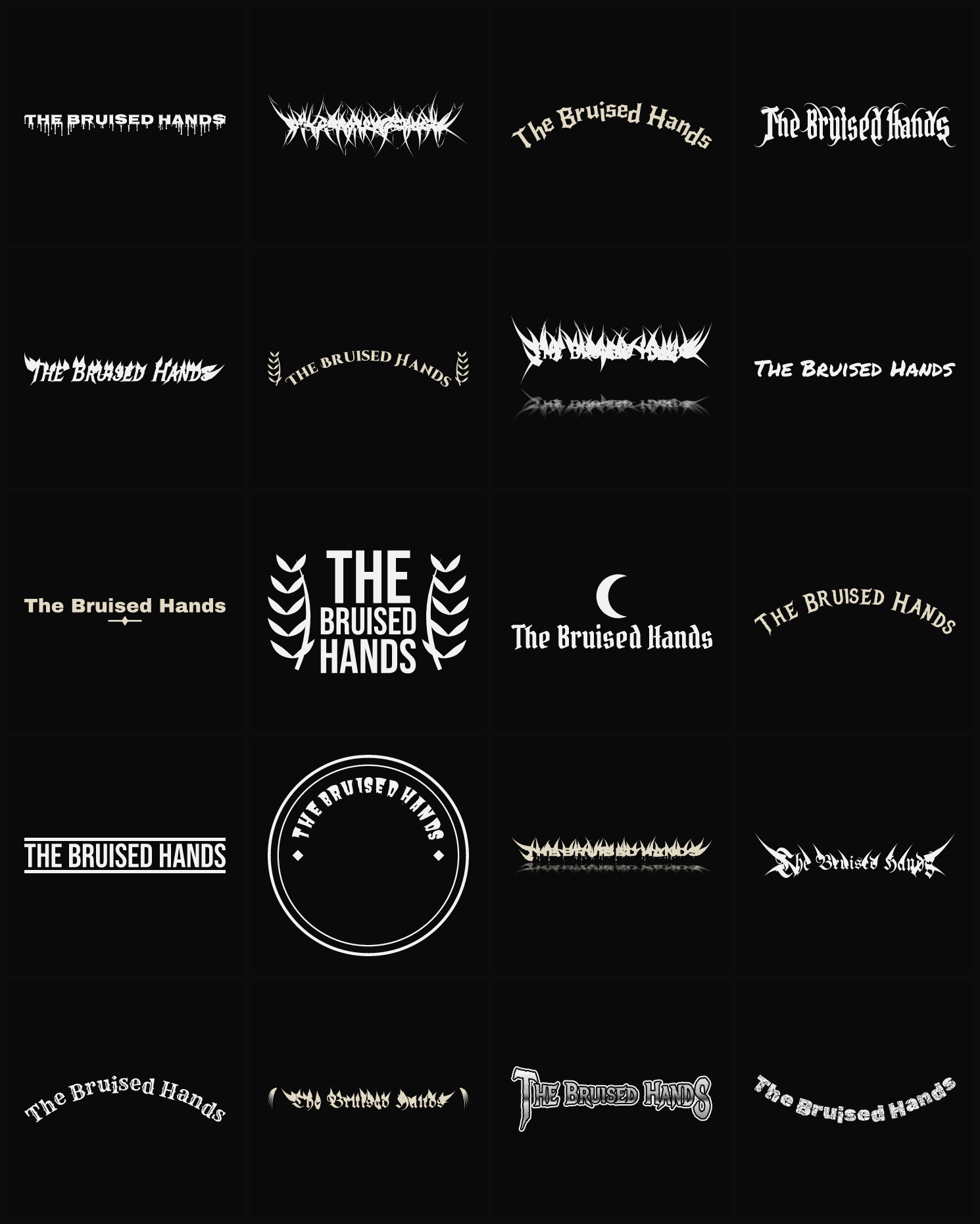 Twenty The Bruised Hands band logo ideas — different faces, treatments and spike settings