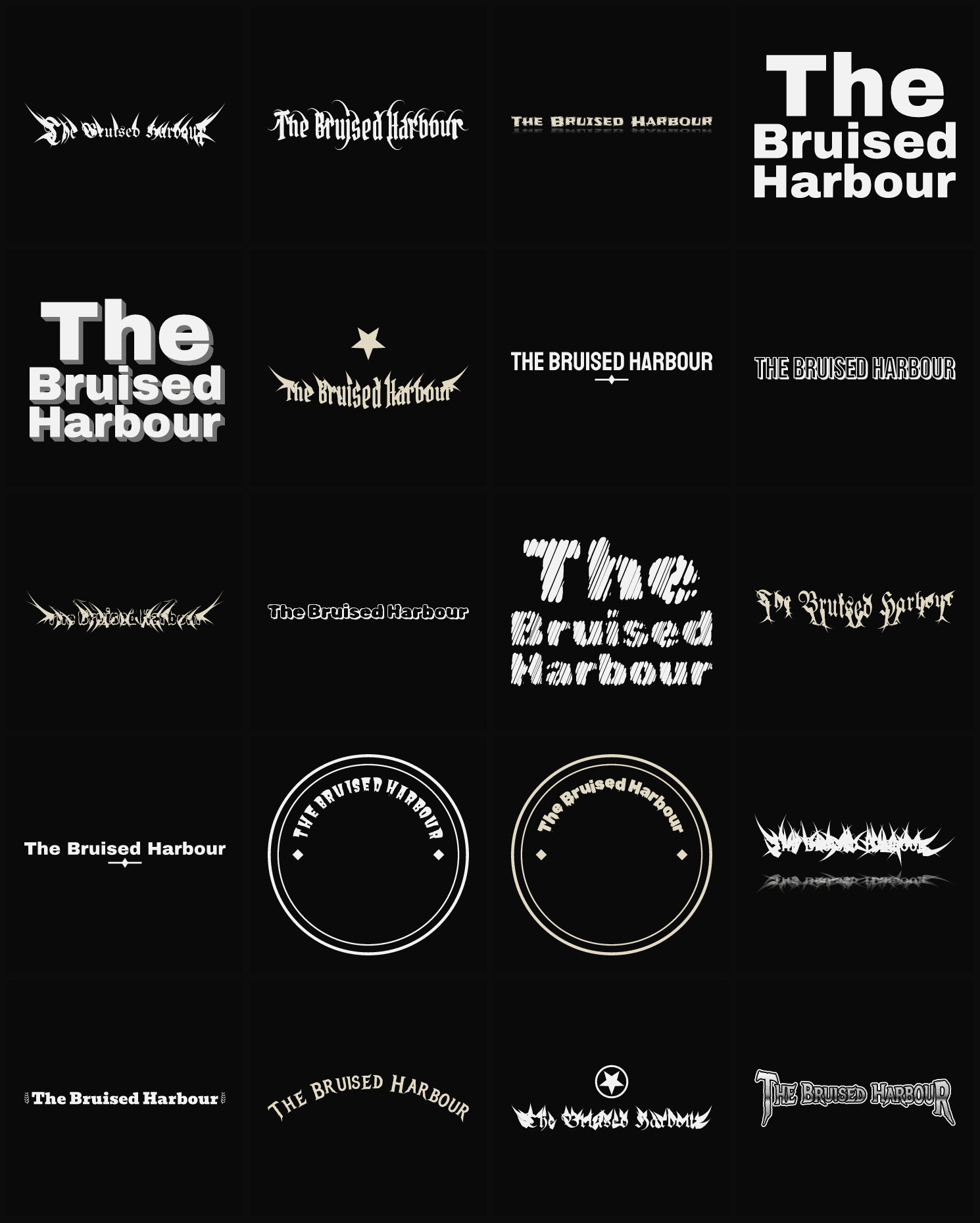 Twenty The Bruised Harbour band logo ideas — different faces, treatments and spike settings
