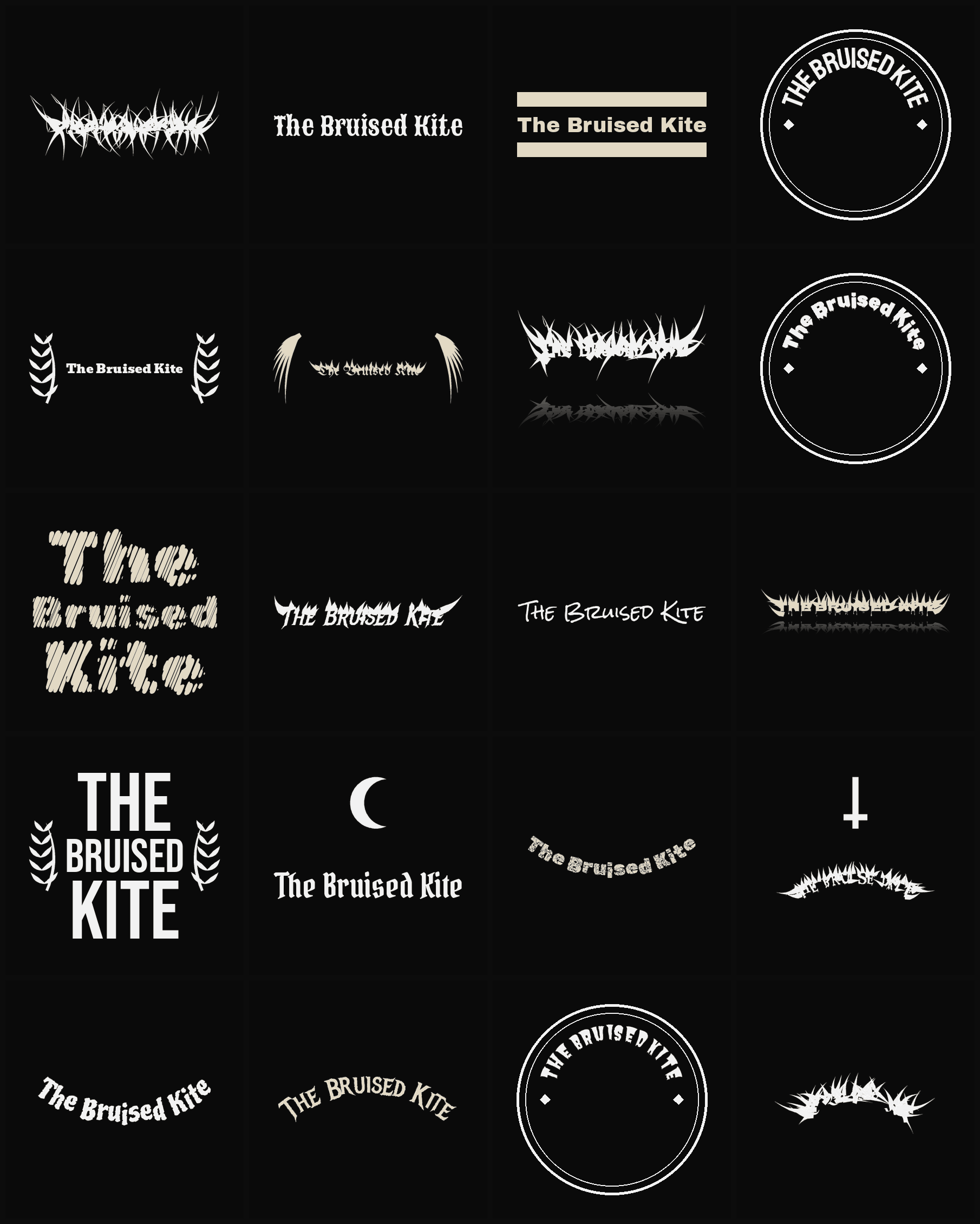 Twenty The Bruised Kite band logo ideas — different faces, treatments and spike settings