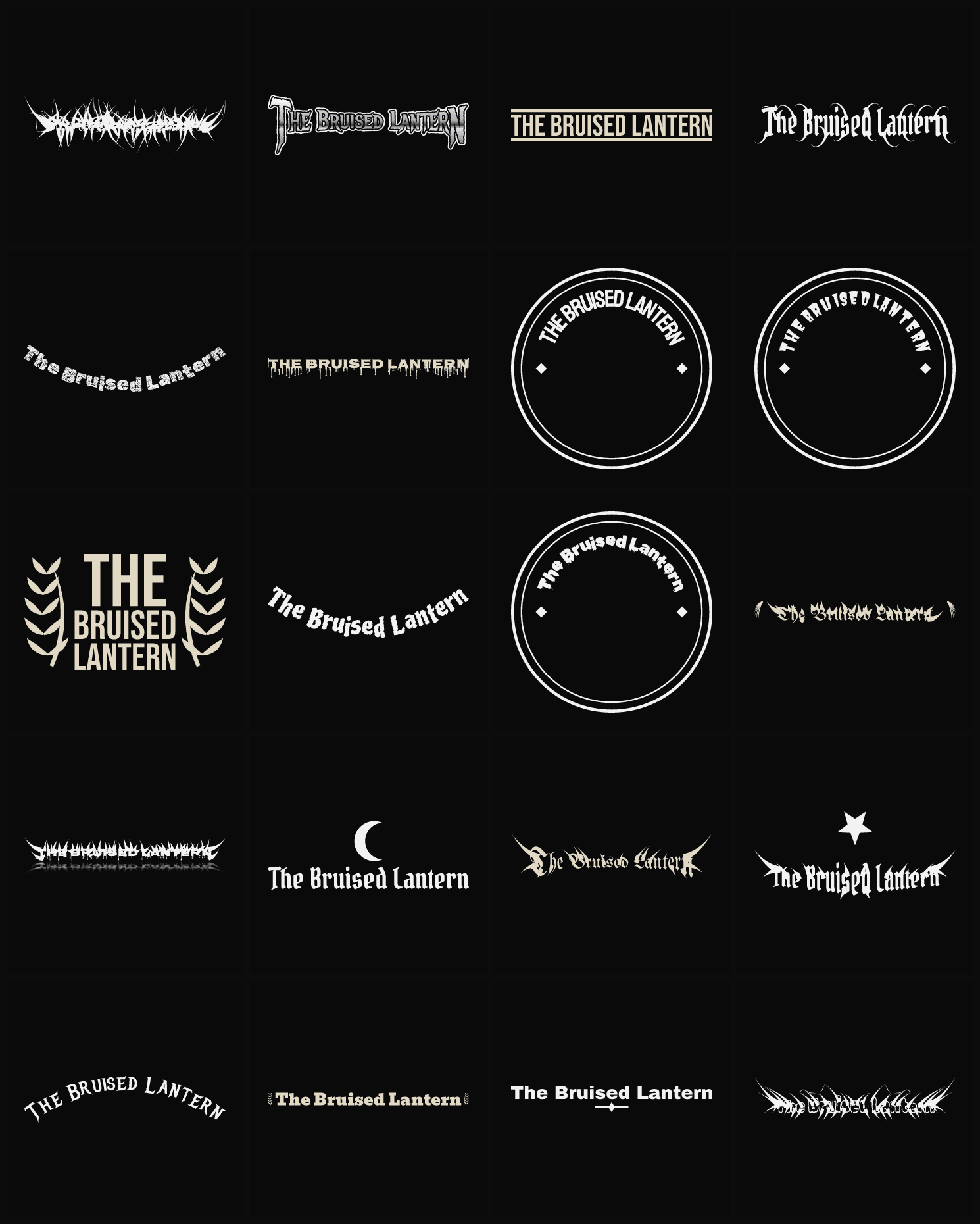 Twenty The Bruised Lantern band logo ideas — different faces, treatments and spike settings