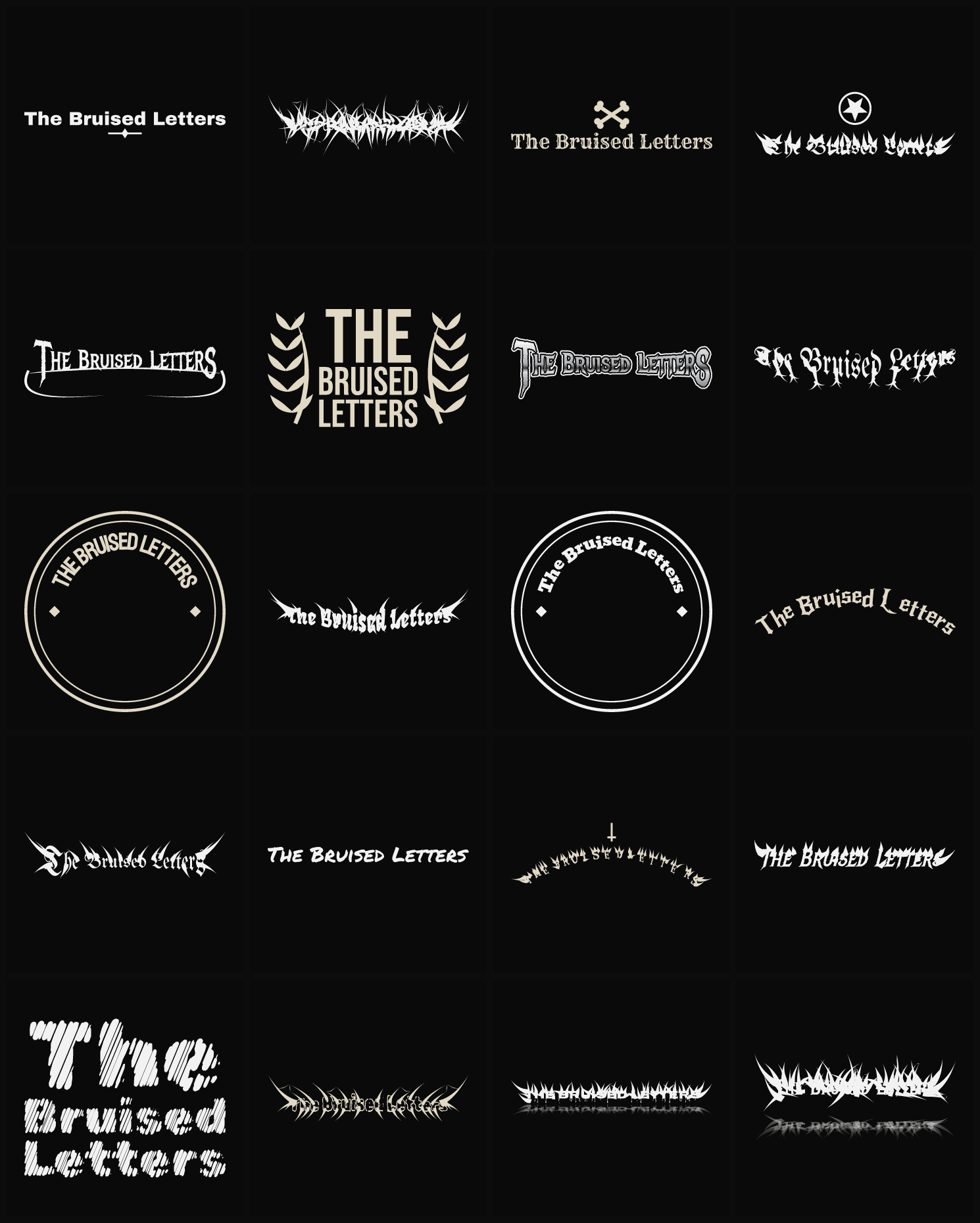 Twenty The Bruised Letters band logo ideas — different faces, treatments and spike settings