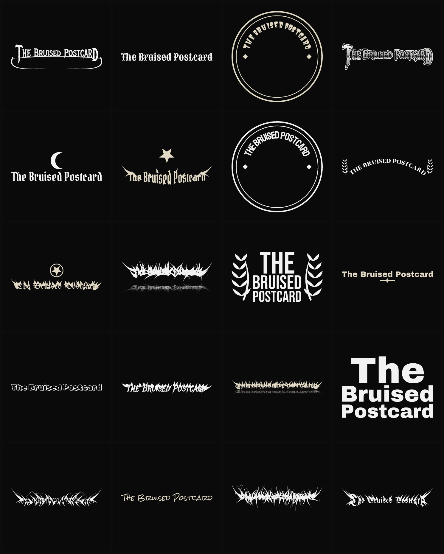 Twenty The Bruised Postcard band logo ideas — different faces, treatments and spike settings