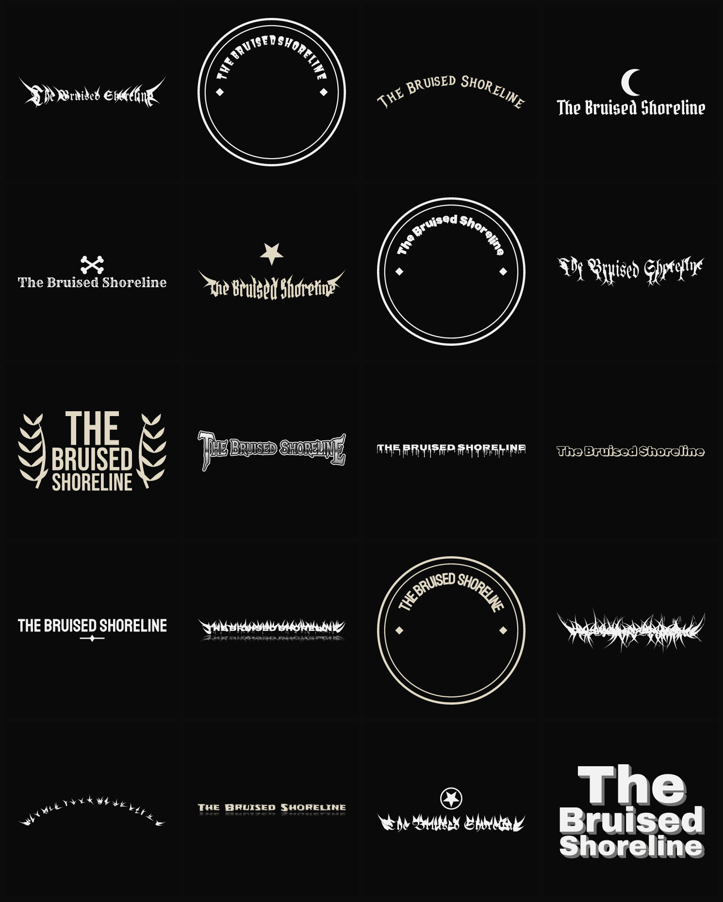 Twenty The Bruised Shoreline band logo ideas — different faces, treatments and spike settings