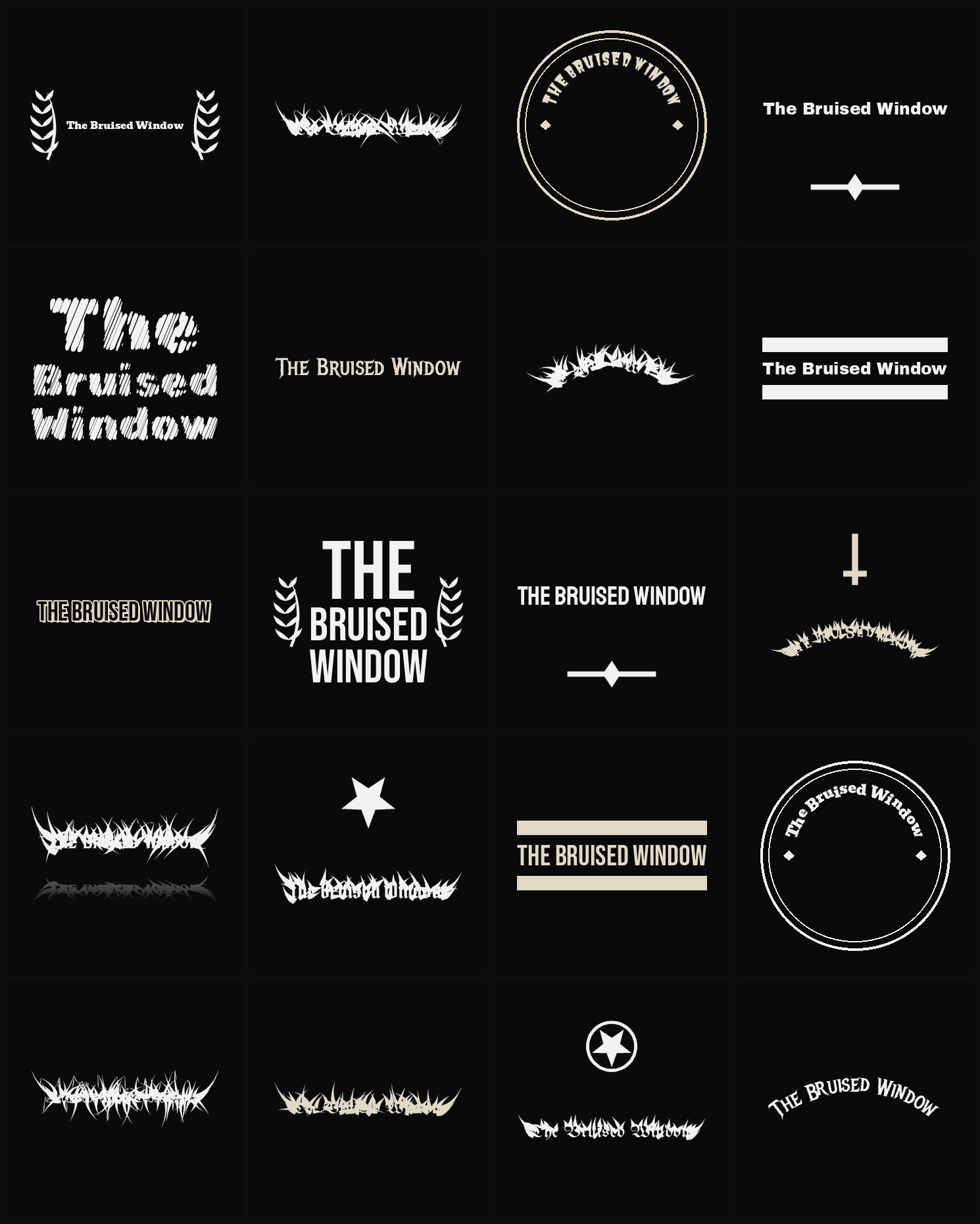 Twenty The Bruised Window band logo ideas — different faces, treatments and spike settings