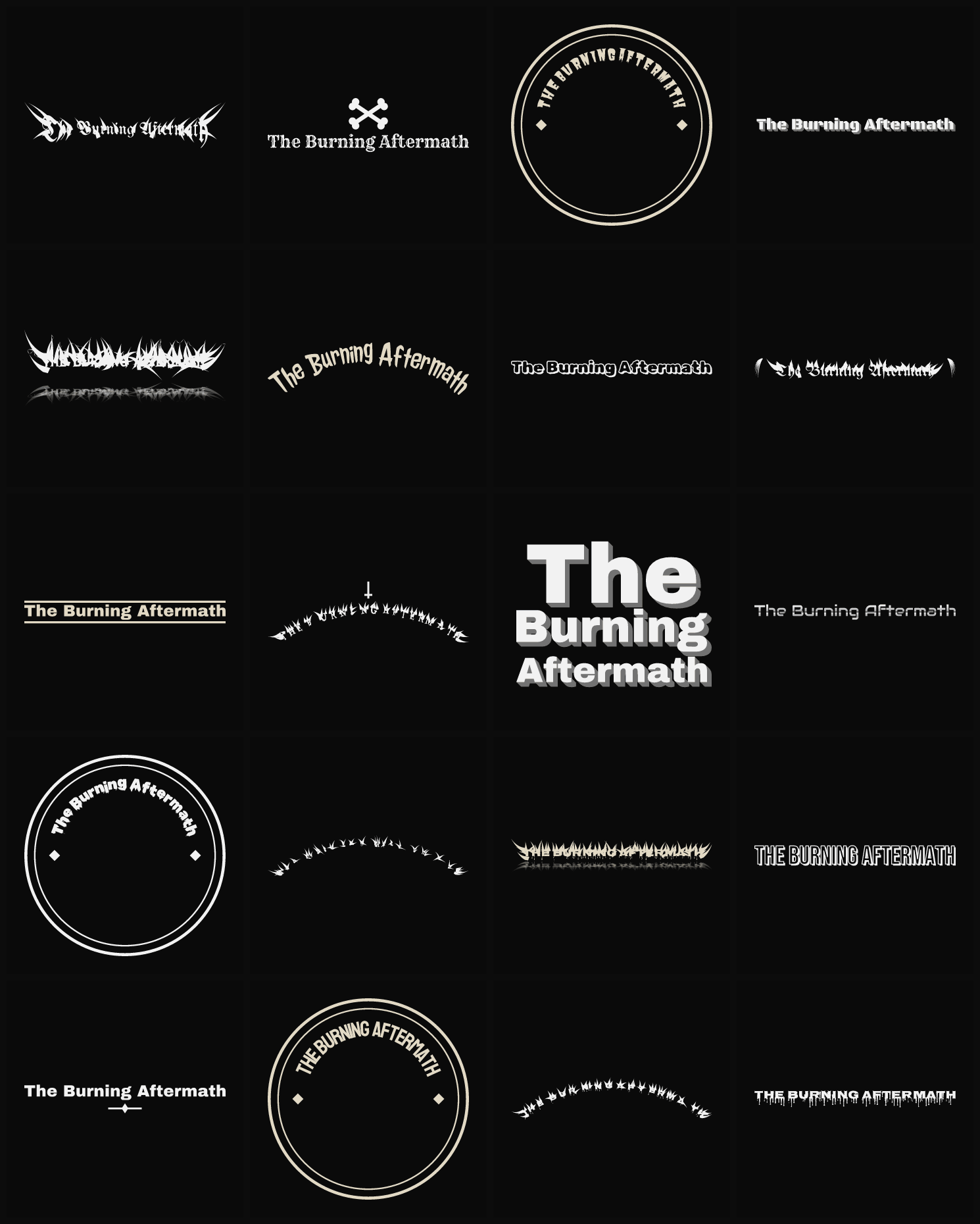 Twenty The Burning Aftermath band logo ideas — different faces, treatments and spike settings