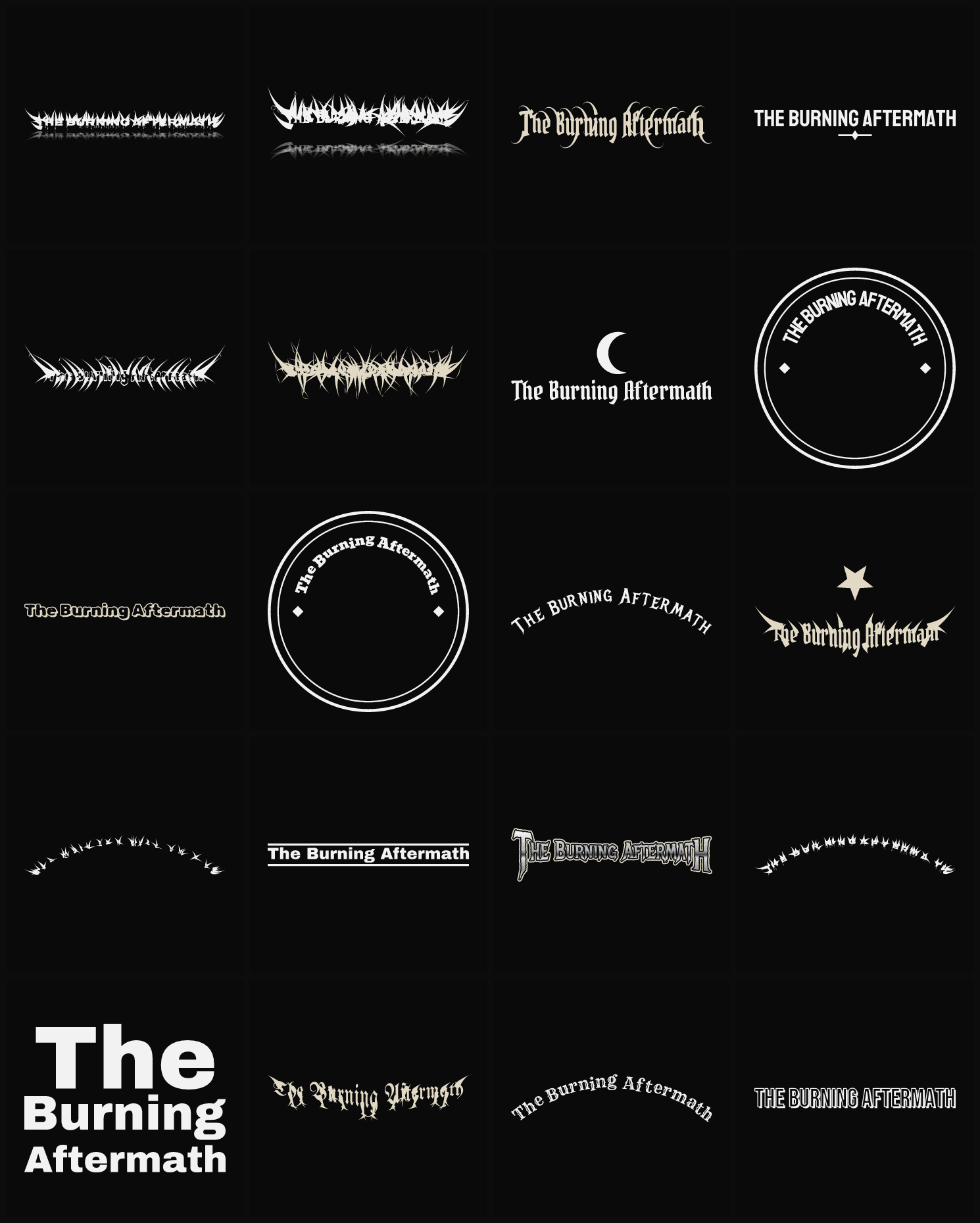 Twenty The Burning Aftermath band logo ideas — different faces, treatments and spike settings