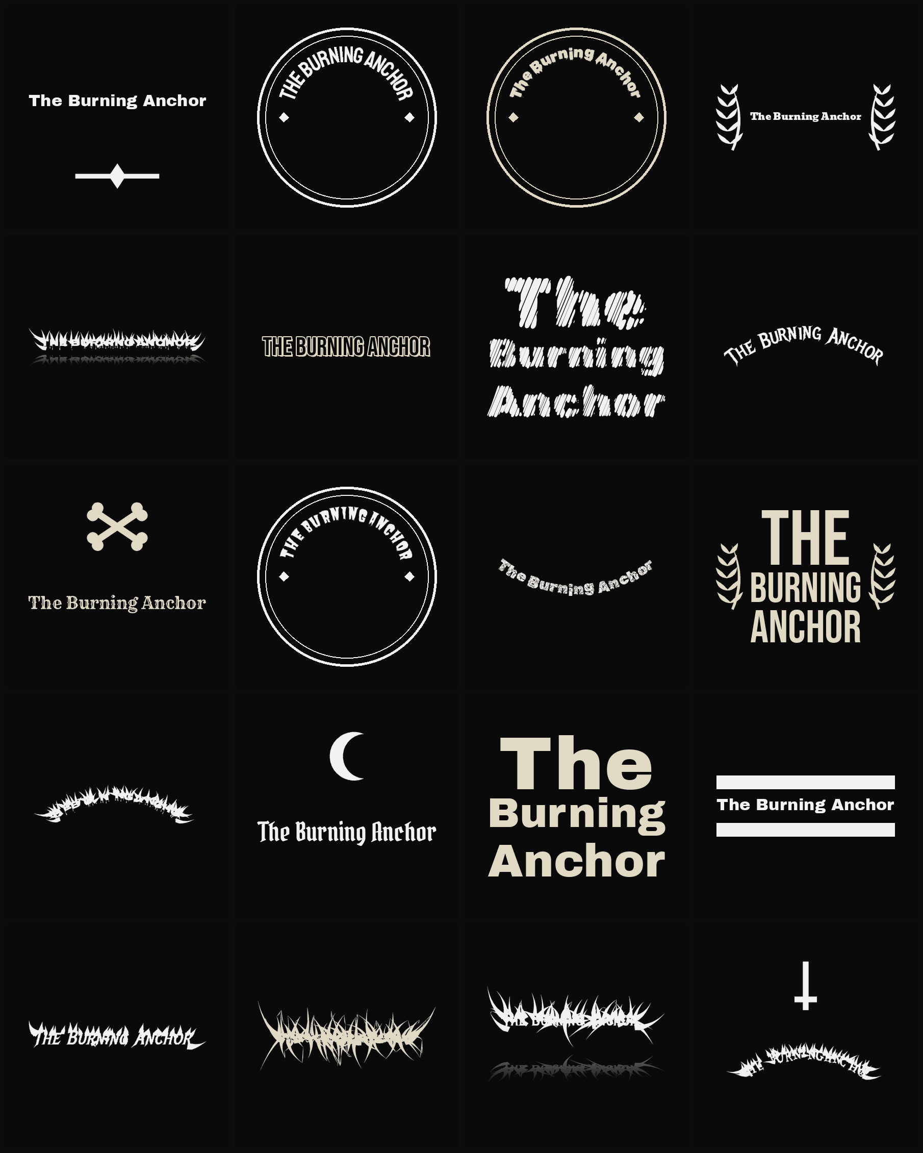 Twenty The Burning Anchor band logo ideas — different faces, treatments and spike settings