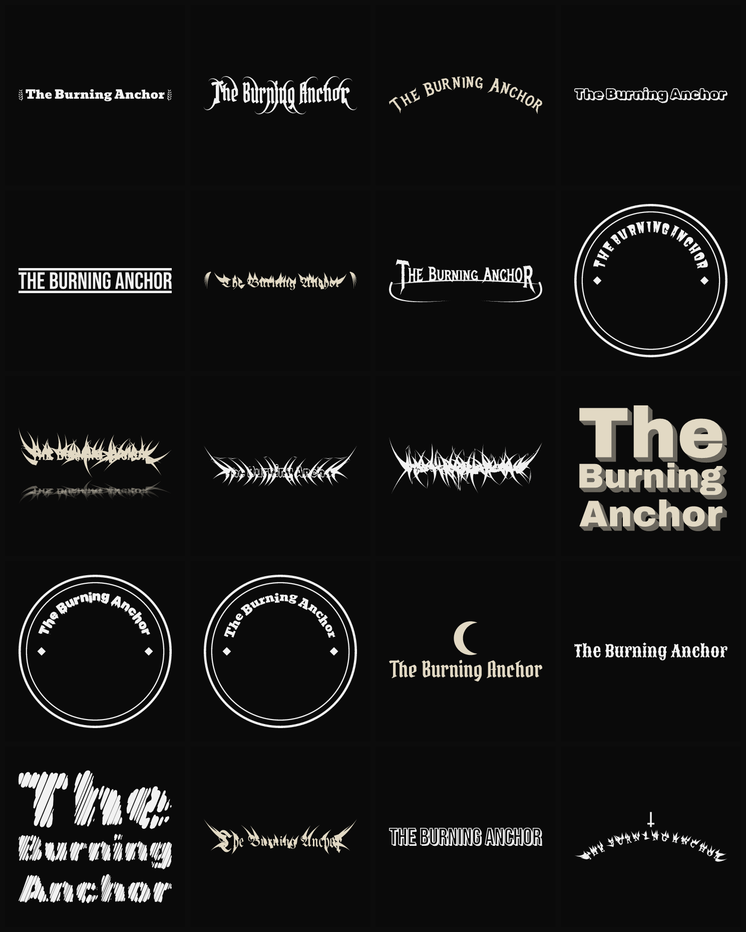 Twenty The Burning Anchor band logo ideas — different faces, treatments and spike settings