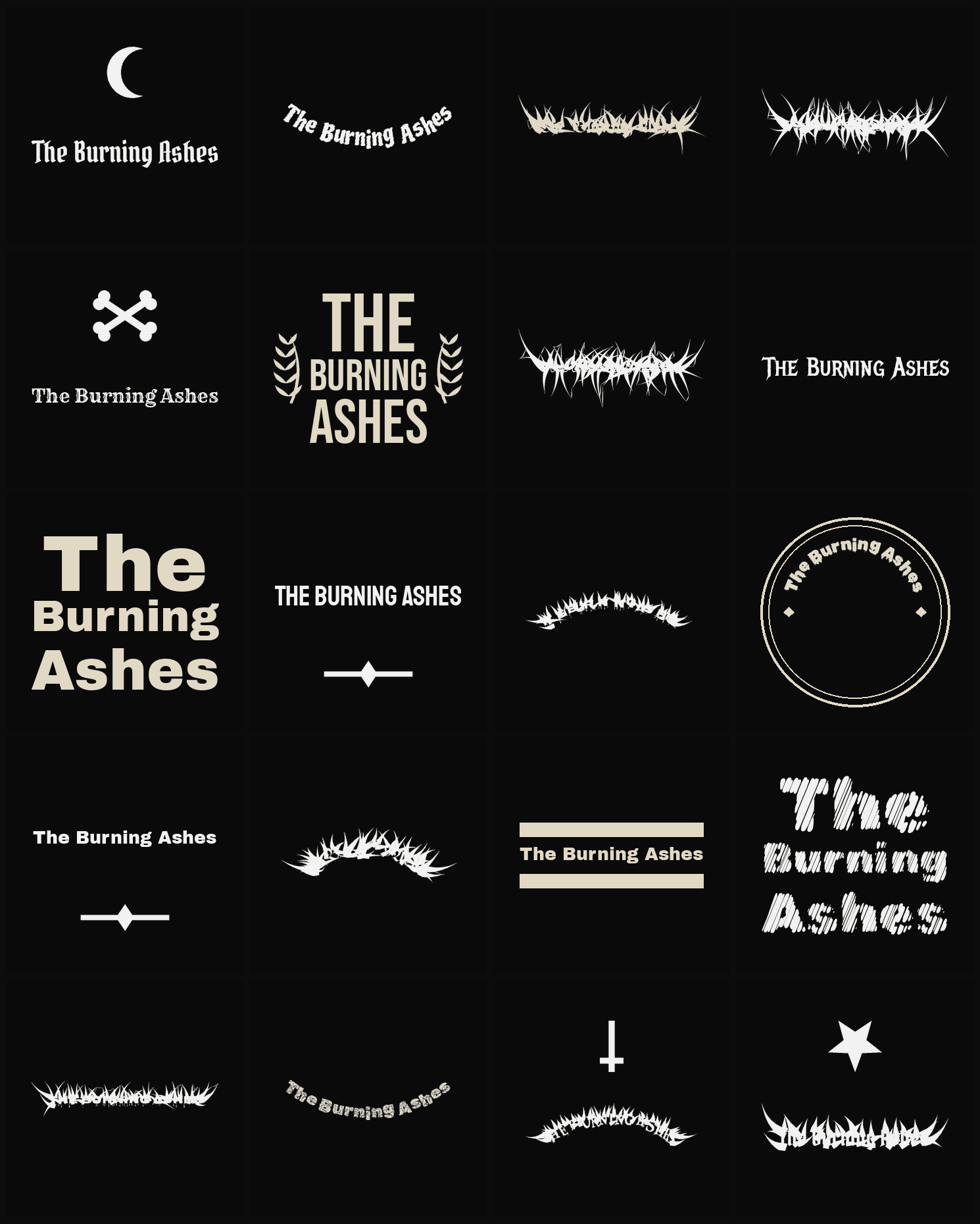 Twenty The Burning Ashes band logo ideas — different faces, treatments and spike settings