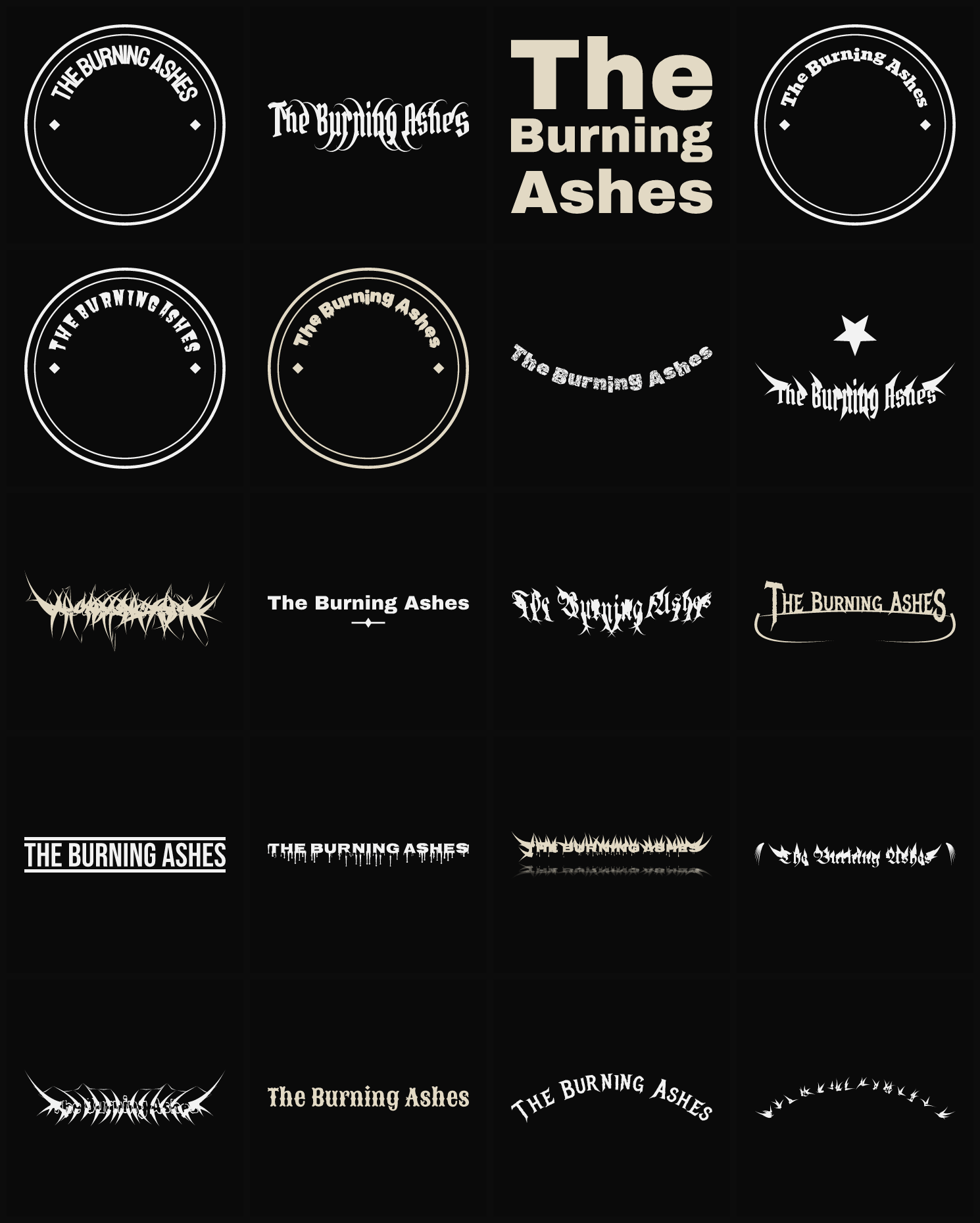Twenty The Burning Ashes band logo ideas — different faces, treatments and spike settings