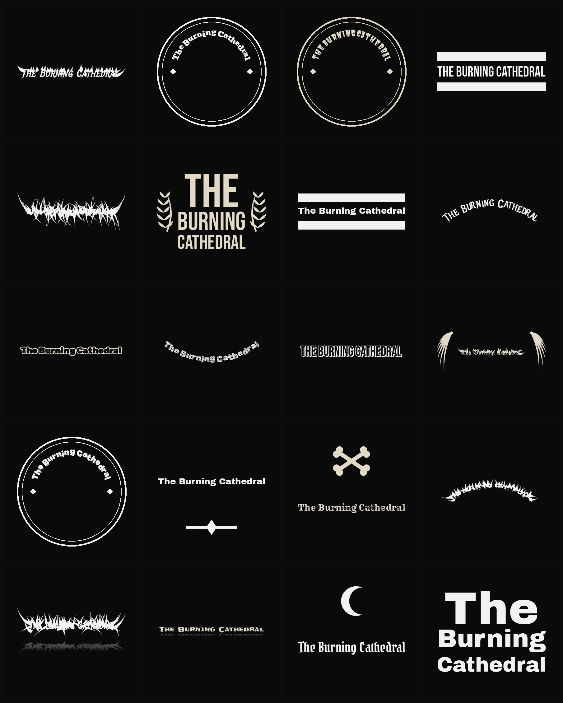 Twenty The Burning Cathedral band logo ideas — different faces, treatments and spike settings