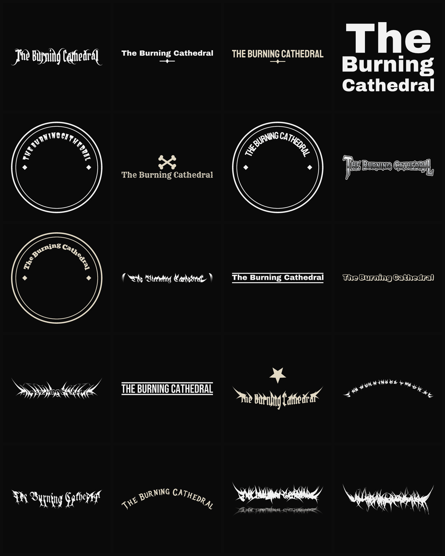 Twenty The Burning Cathedral band logo ideas — different faces, treatments and spike settings