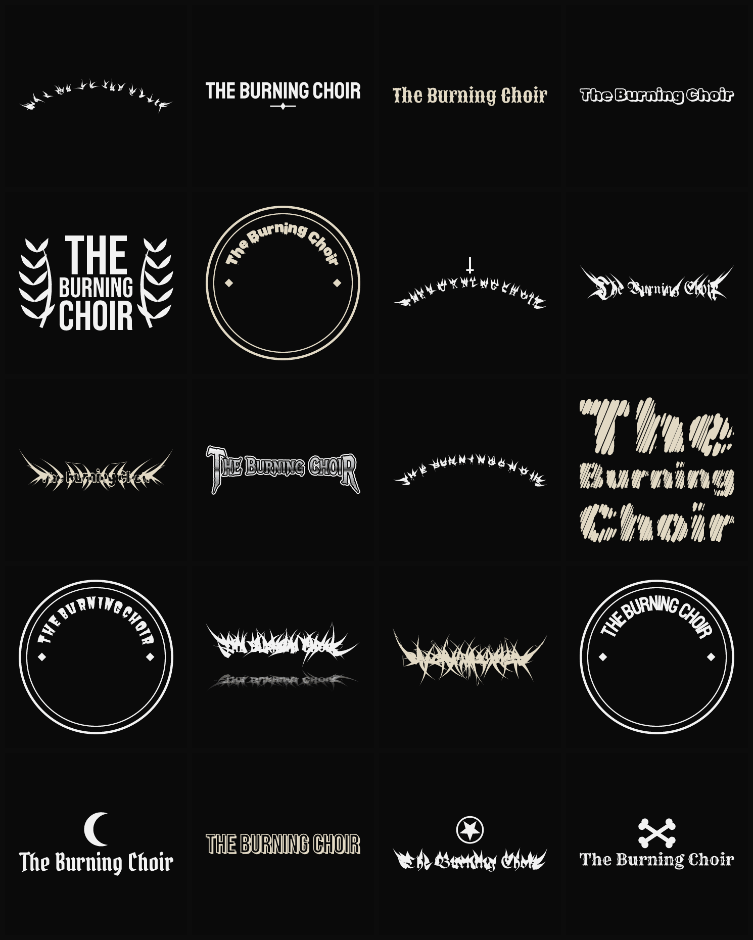 Twenty The Burning Choir band logo ideas — different faces, treatments and spike settings
