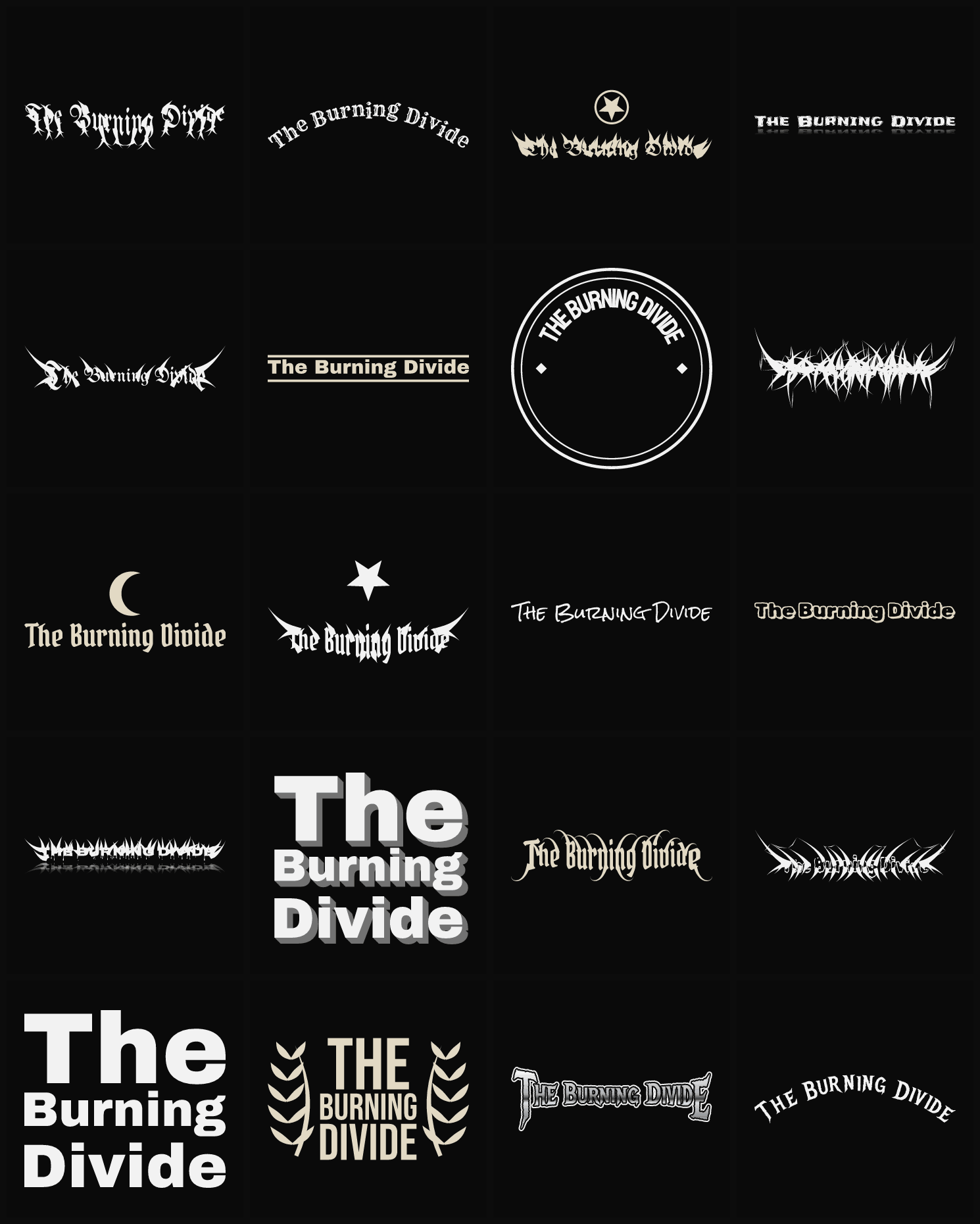 Twenty The Burning Divide band logo ideas — different faces, treatments and spike settings