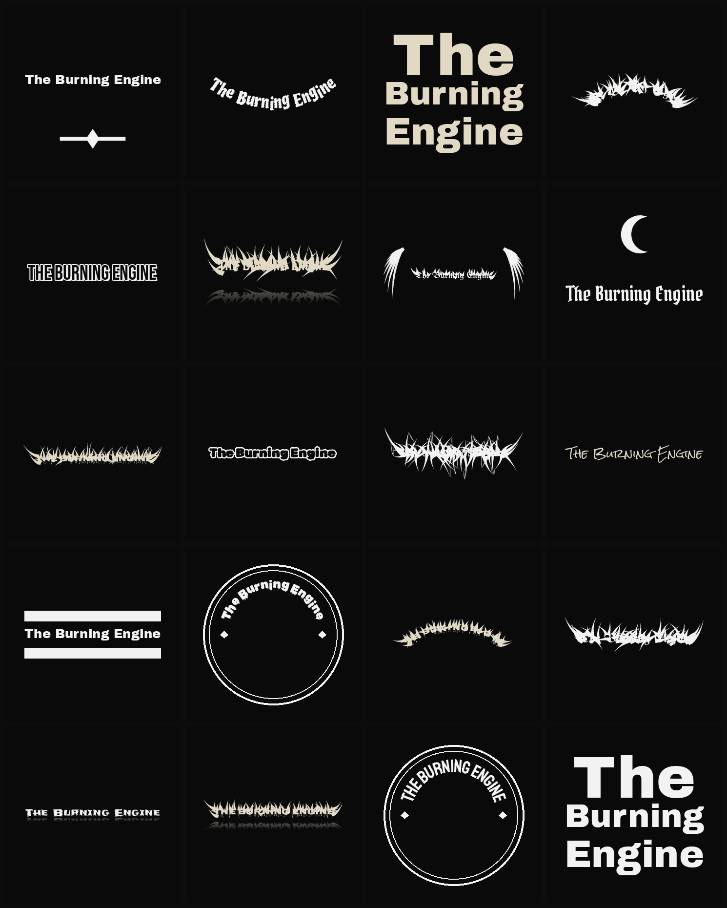 Twenty The Burning Engine band logo ideas — different faces, treatments and spike settings