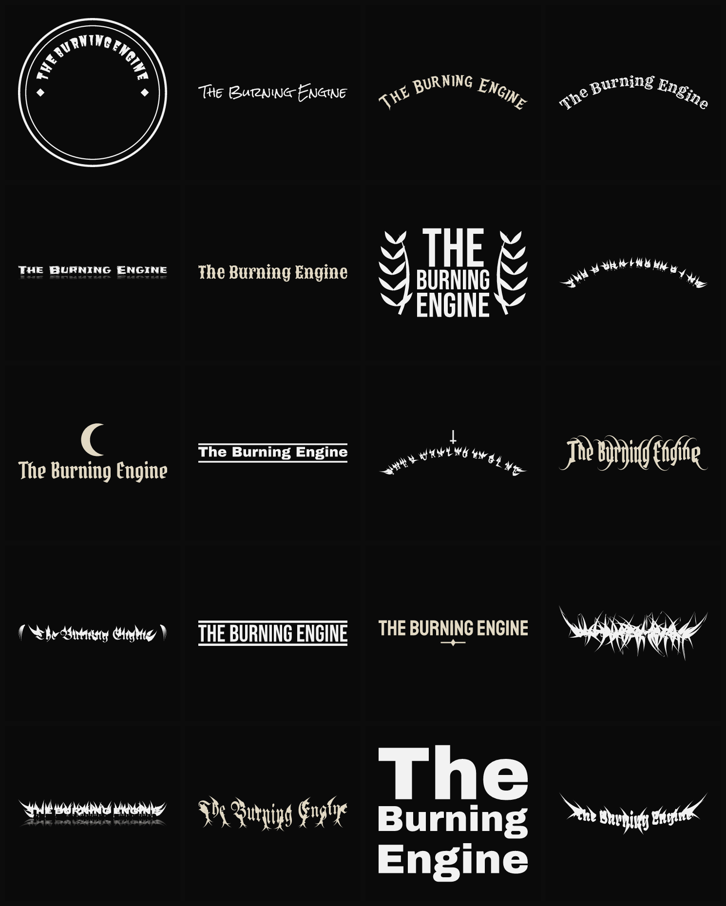 Twenty The Burning Engine band logo ideas — different faces, treatments and spike settings