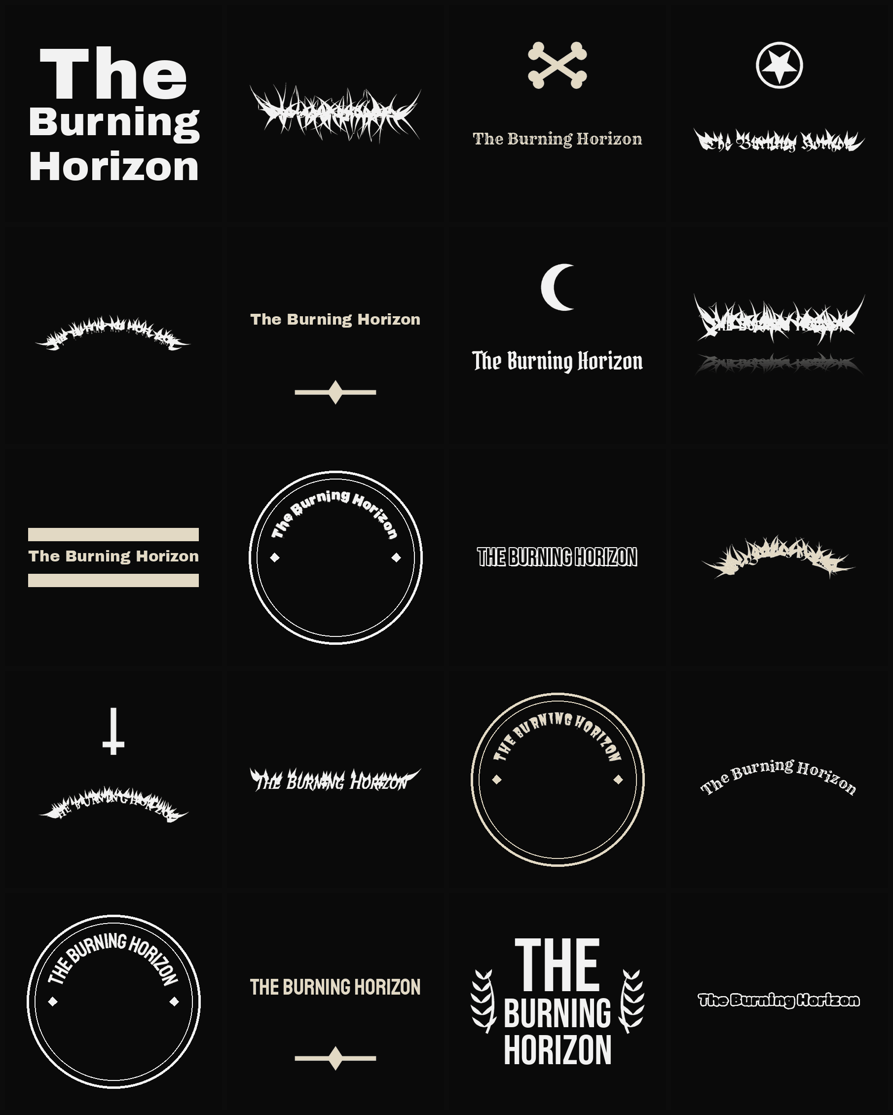 Twenty The Burning Horizon band logo ideas — different faces, treatments and spike settings