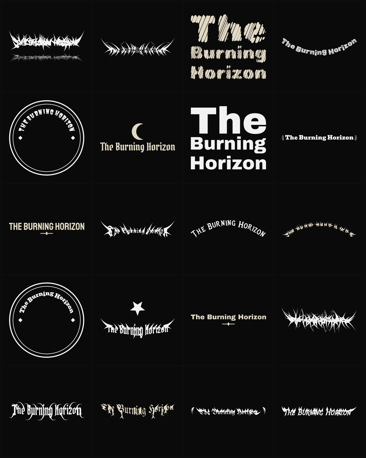 Twenty The Burning Horizon band logo ideas — different faces, treatments and spike settings