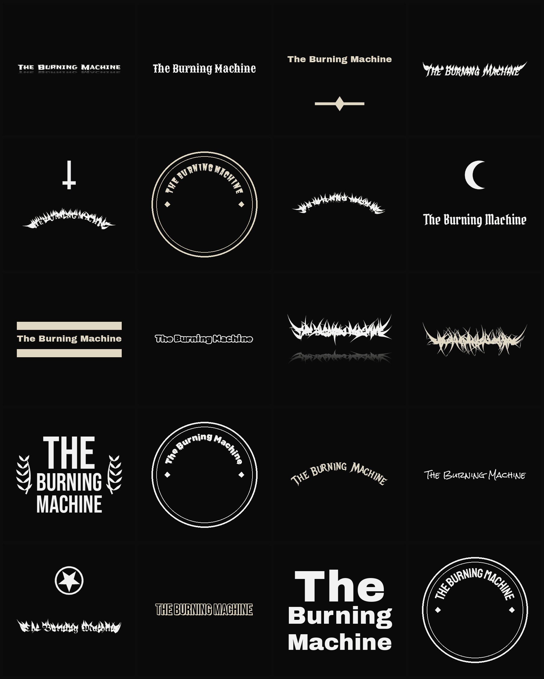 Twenty The Burning Machine band logo ideas — different faces, treatments and spike settings