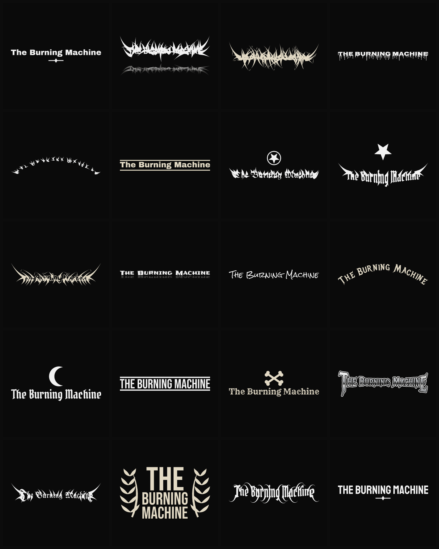 Twenty The Burning Machine band logo ideas — different faces, treatments and spike settings