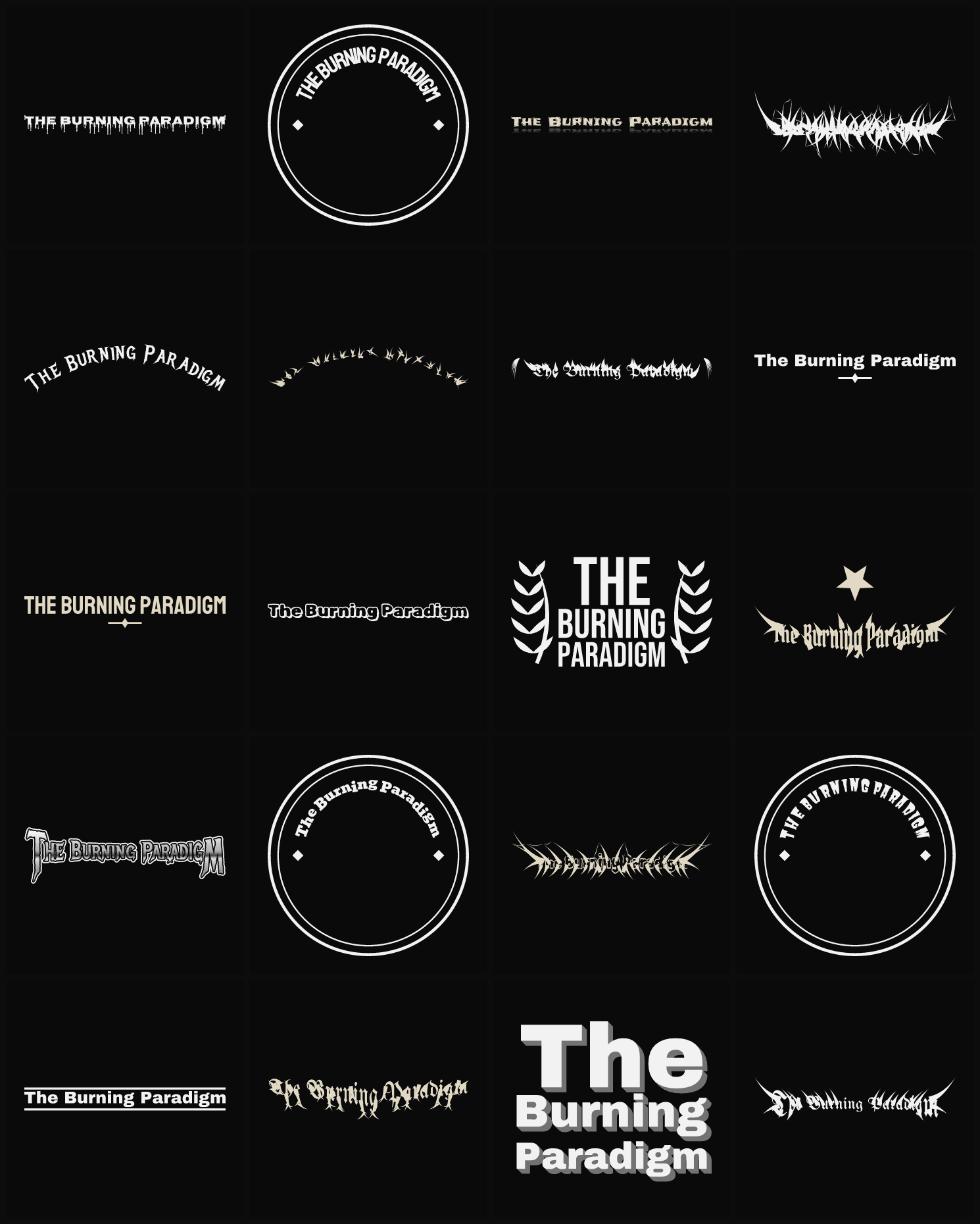 Twenty The Burning Paradigm band logo ideas — different faces, treatments and spike settings