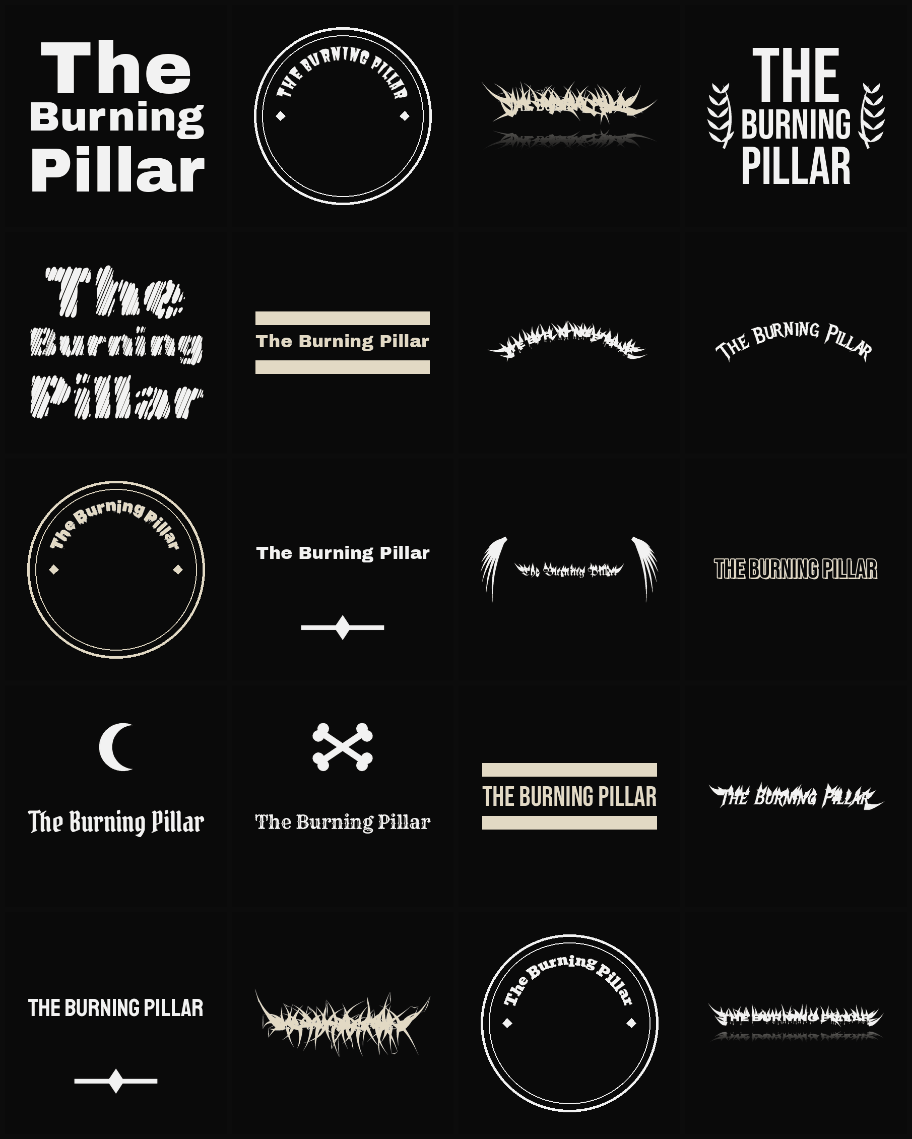 Twenty The Burning Pillar band logo ideas — different faces, treatments and spike settings