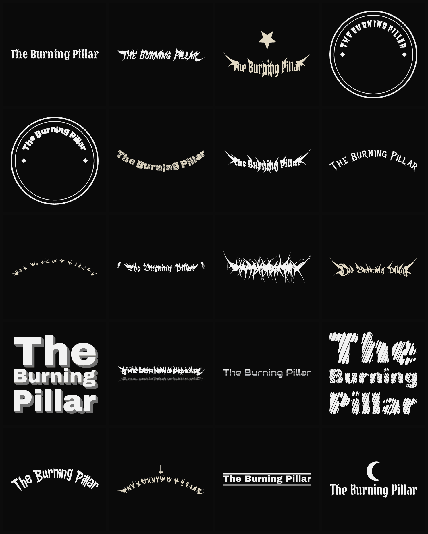 Twenty The Burning Pillar band logo ideas — different faces, treatments and spike settings